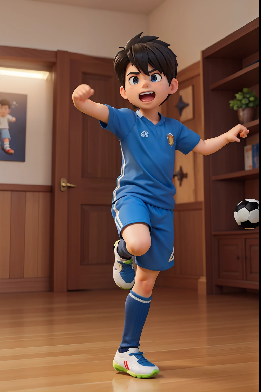 ((Boy kicking and playing soccer ball indoors)), ((One puppy frolicking around a boy))、Personagem pequeno. Motor Unreal 5, anime stylized, very detailed character, 3D style anime, Realistic 3D anime style, close up character, Stylized 3D, Unreal Blueface Engine, 3d rendering stylized, 3d character realistic, Stylized characters, Rendered in Unreal Engine