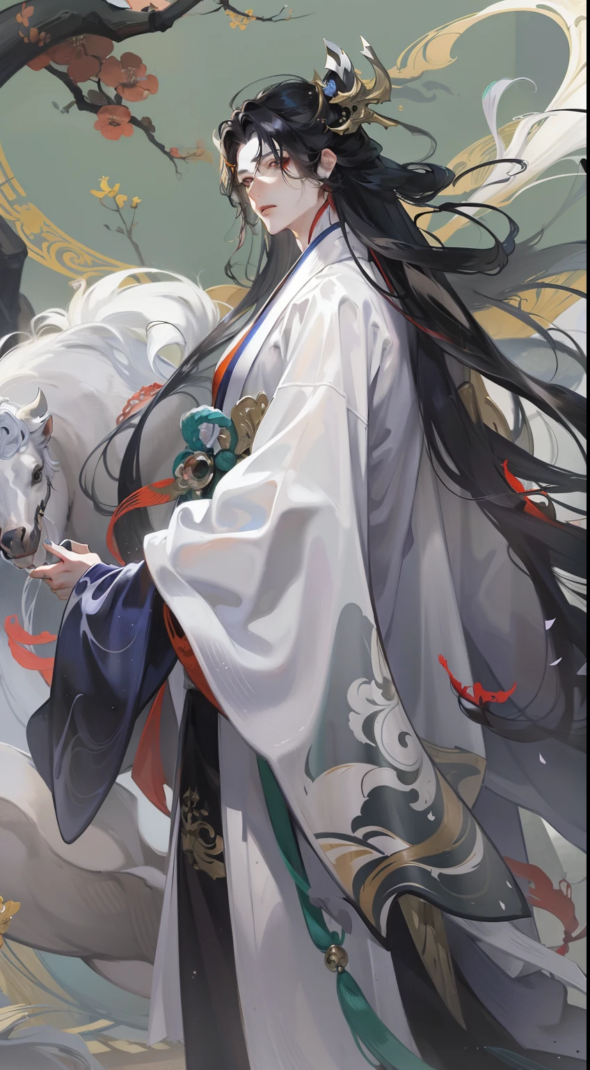 Anime characters with black hair and white horses, flowing hair and long robes, heise jinyao, beautiful male god of death, handsome guy in demon killer art, onmyoji portrait, Inspired by Seki Dosheng, by Yang J, zhao yun, Beautiful androgynous prince, Inspired by Bian Shoumin, Flowing white robe