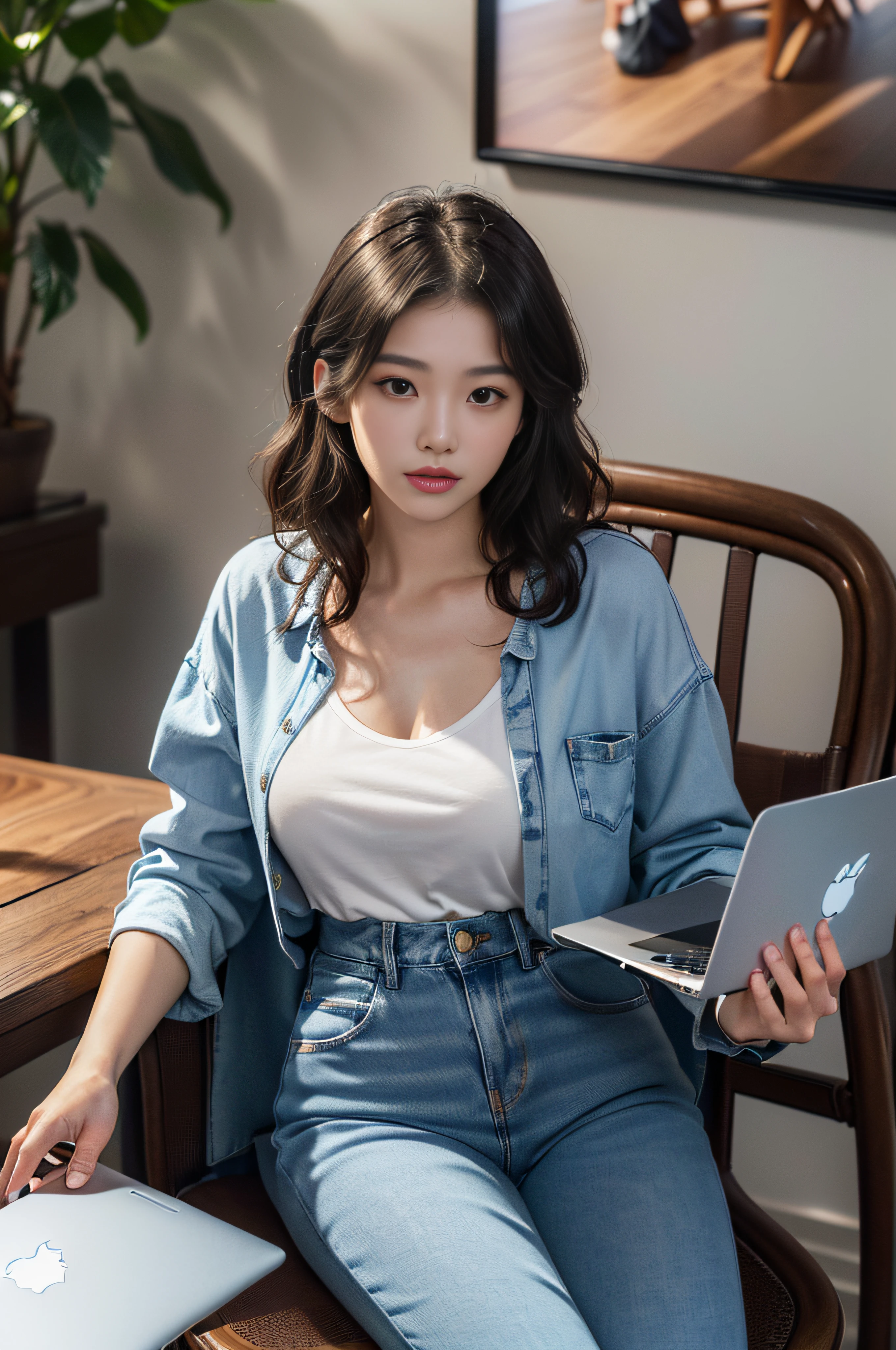 Portrait of a beautiful Chinese girl, (((full bodyesbian))), ((Back to back)), ((expecting)), (Curly hair), ((Sit in a chair at the table，holding laptop:1.6)), ( Earphone), in a  bedroom, reading book, with birds, Brown eyes, Symmetrical eyes, highly details eye, (Wearing jeans), Highly detailed facial features, Fine nose features, Realistic, High definition, Skin texture and ultra-high-definition hair, facial-symmetry, Golden Sun Hour, Ultra HD, the number, panoramic perspective, Extremely detailed，8K,(extremely detailed 8k cg wallpape), (Extremely delicate and beautiful), (Masterpiece), (Best quality: 1.0), (超高分辨率: 1.0), Beautiful lighting, Perfect lighting, Realistic shadows, [high resolution ], Detailed skin, ((Skin texture)), Super detailed