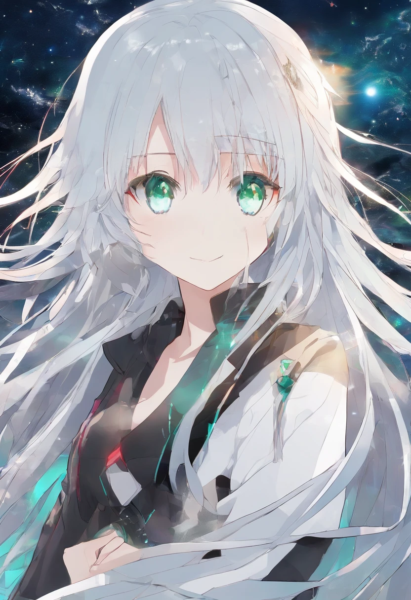 Masterpiece, Best quality,(Beautiful detailed eyes),(((1 girl))),((((Long white hair)))), Aqua green theme hair, Innocent, Red eyes, Starry sky, Post-apocalyptic themes,nopan, whole body picture,