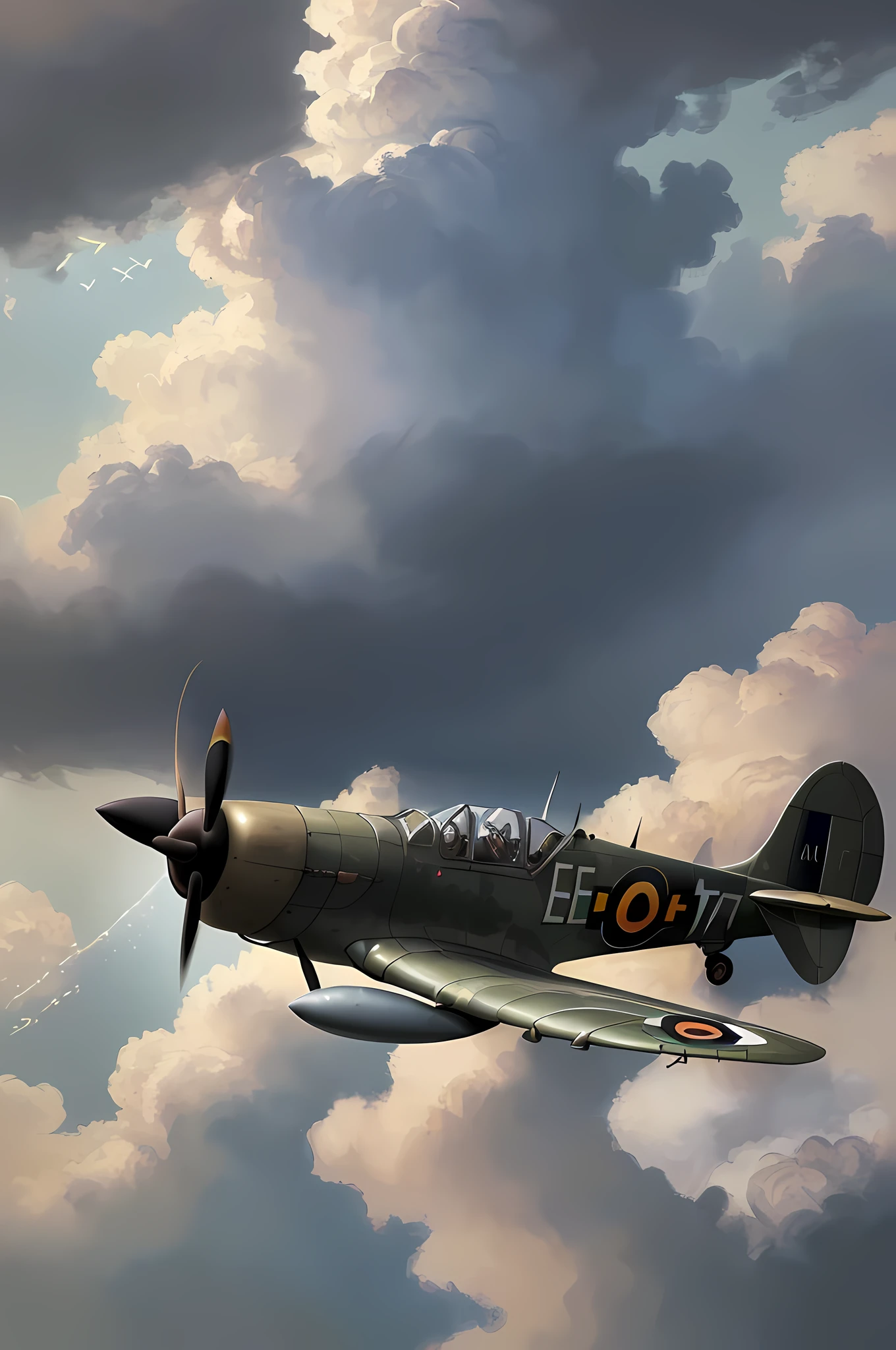 a picture of a Spitfire plane, flying in the sky, cloudy skies background, an epic a Spitfire plane (best details, Masterpiece, best quality :1.5) birds view, sun rays, divine rays, sense of awe, majestic atmosphere, ultra best realistic, best details, best quality, 16k, [ultra detailed], masterpiece, best quality, (extremely detailed), ultra wide shot, photorealism, depth of field, hyper realistic painting, Waiting to start