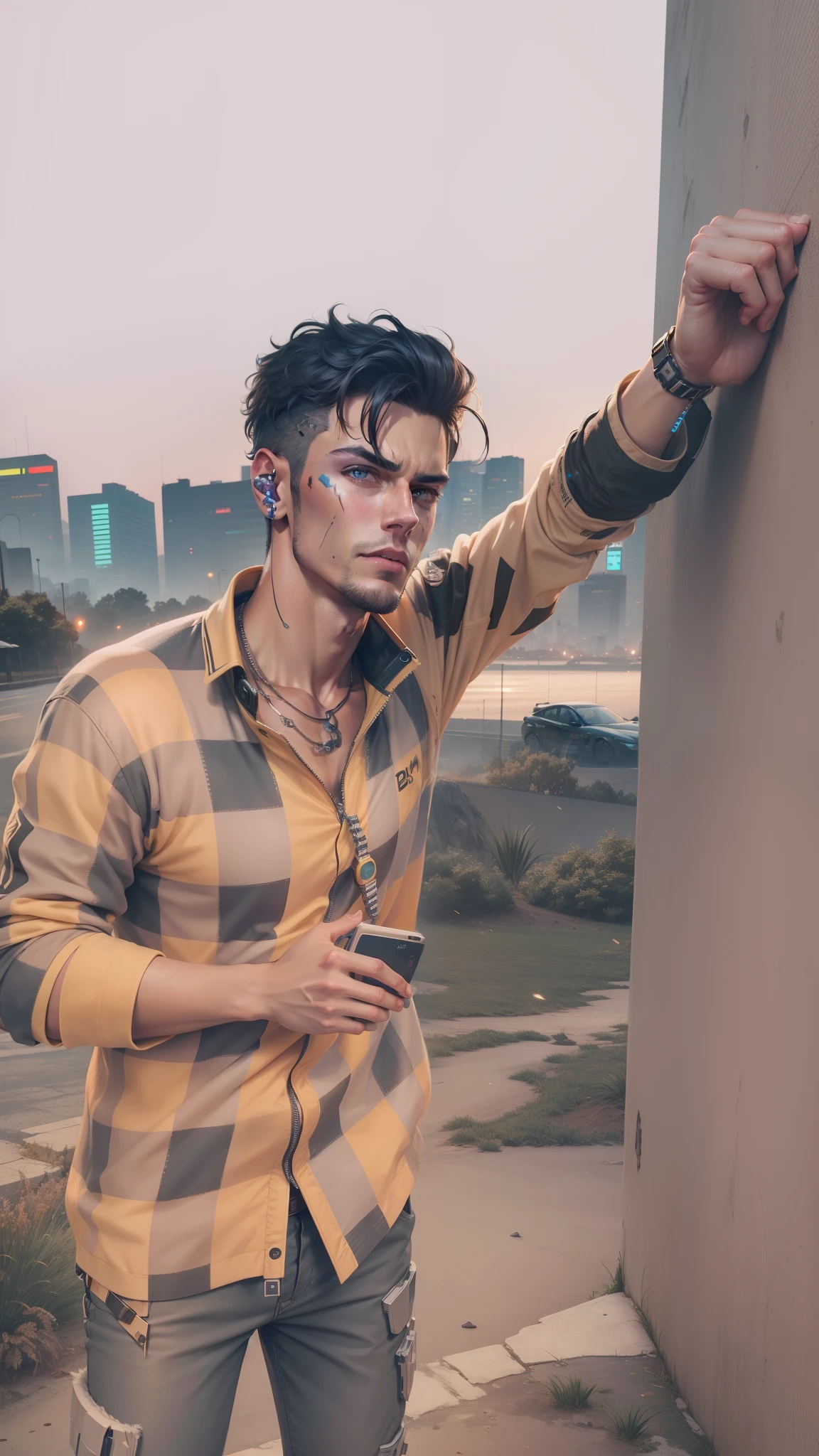 Change background cyberpunk, handsome boy, realistic face, ultra realistic, 8k