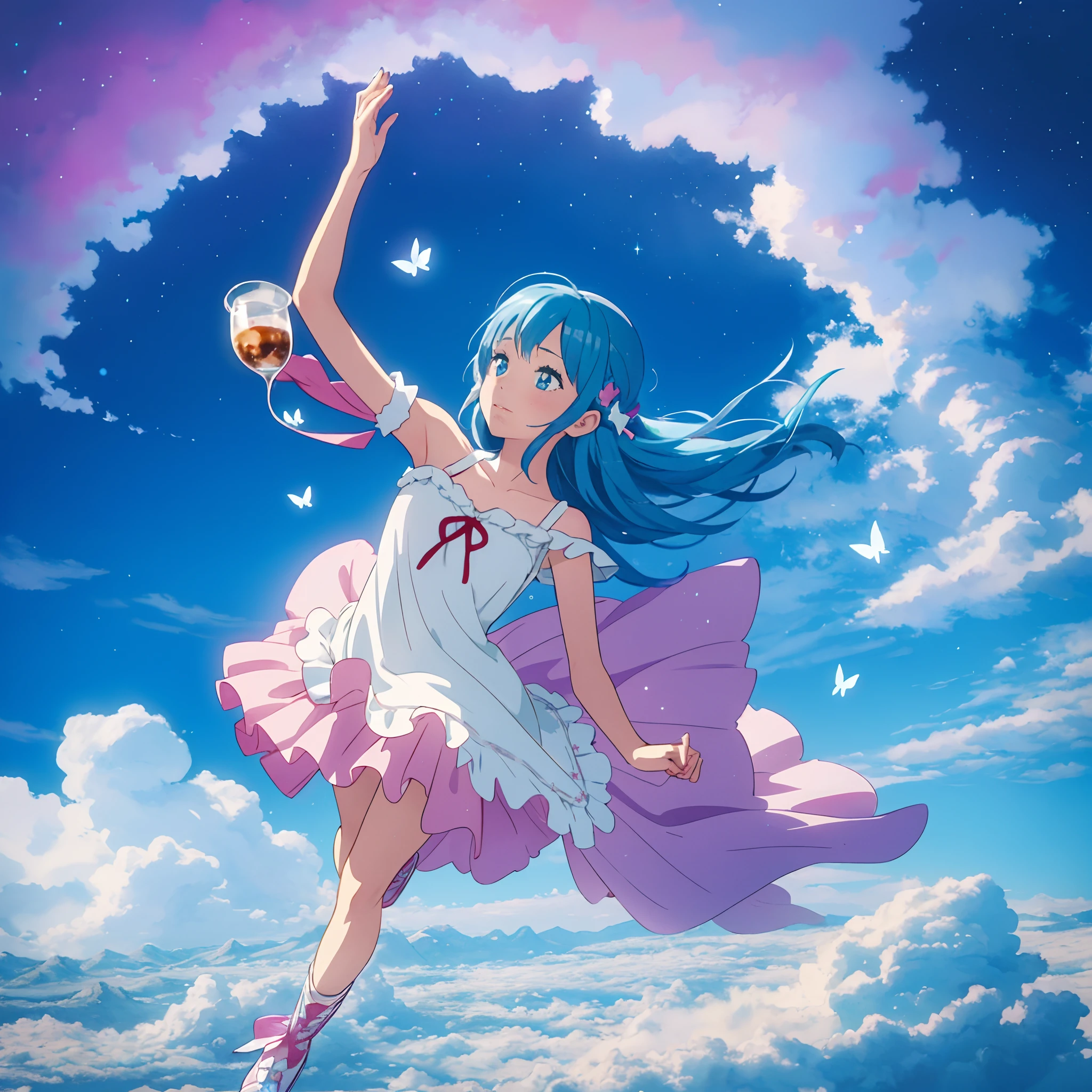 In a whimsical world of light and shadow，A girl in a fancy costume glides on a fluffy cloud，As if the characters who came out of the anime。She has charming blue hair and shiny heterochromic pupils，Make her the focal point of the whole scene。She stepped on cool skates，Leave a delicate arc between the clouds。

High in the sky float brilliant watercolor-like clouds，Each cloud emits a different color and light。She is also accompanied by some fantasy creatures，Like butterflies dancing，The elves frolic and play，Adding mystery and childlike heart to the whole scene。

The girl holds a unique Frappuccino in her hand，Its color is varied，Like a star twinkling in it。With the girl gliding，Frappuccino swaying in the cup，Exudes a charming aroma。The starry sky in the background is twinkled with stars，It's like being in a mysterious universe。 --auto
