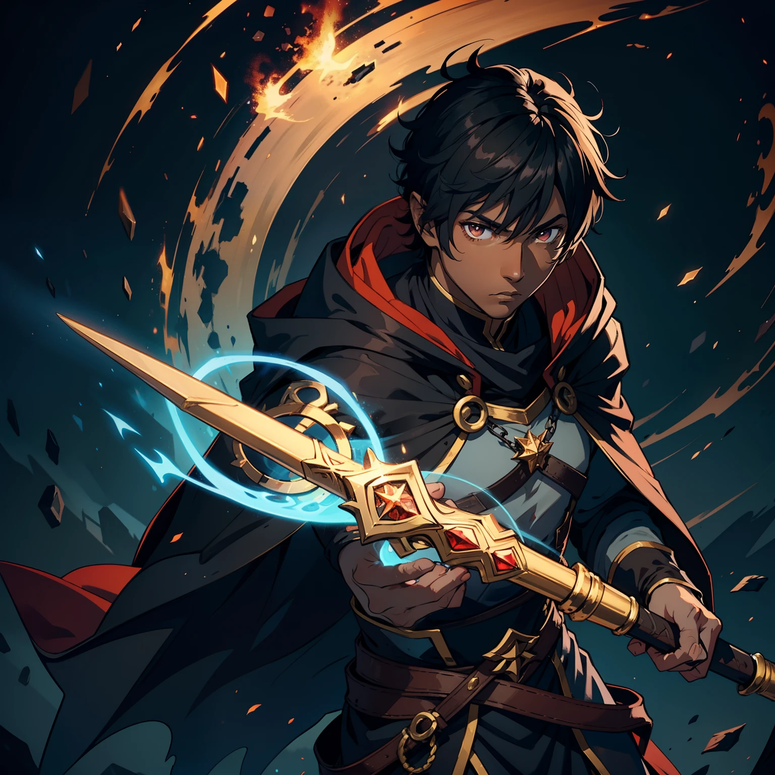 male mage, black skin tone, strong, dark spells, wearing mage cloak, short dark brown hair, hazel eyes, 4k