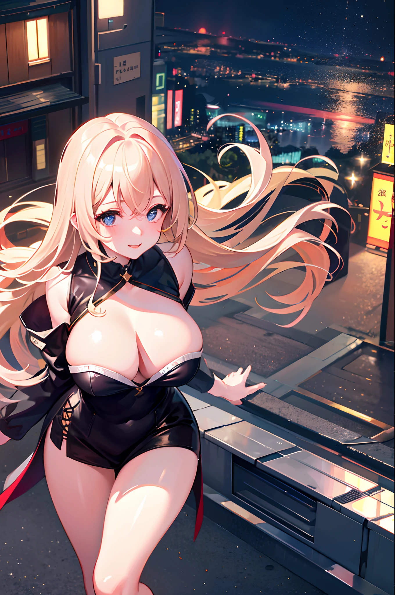 1girl,street Tokyo,the night,city scenery,City lights,The upper part of the body,closeup cleavage,ssmile,,(8k,RAW photos,Best Picture Quality,tmasterpiece:1.2),(fidelity,Realism:1.37),Large breasts