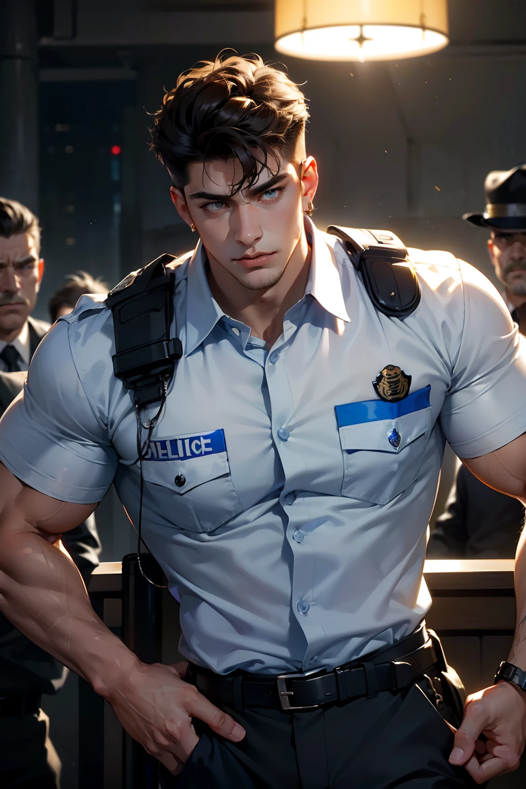 curly hair, scar across eye, glaring, earrings, jealous, cinematic lighting, film grain, sideways, masterpiece, super detail, (handsome man, 20 years old man, young guy), (muscular, big arm, big chest), (police, police officer, cops)