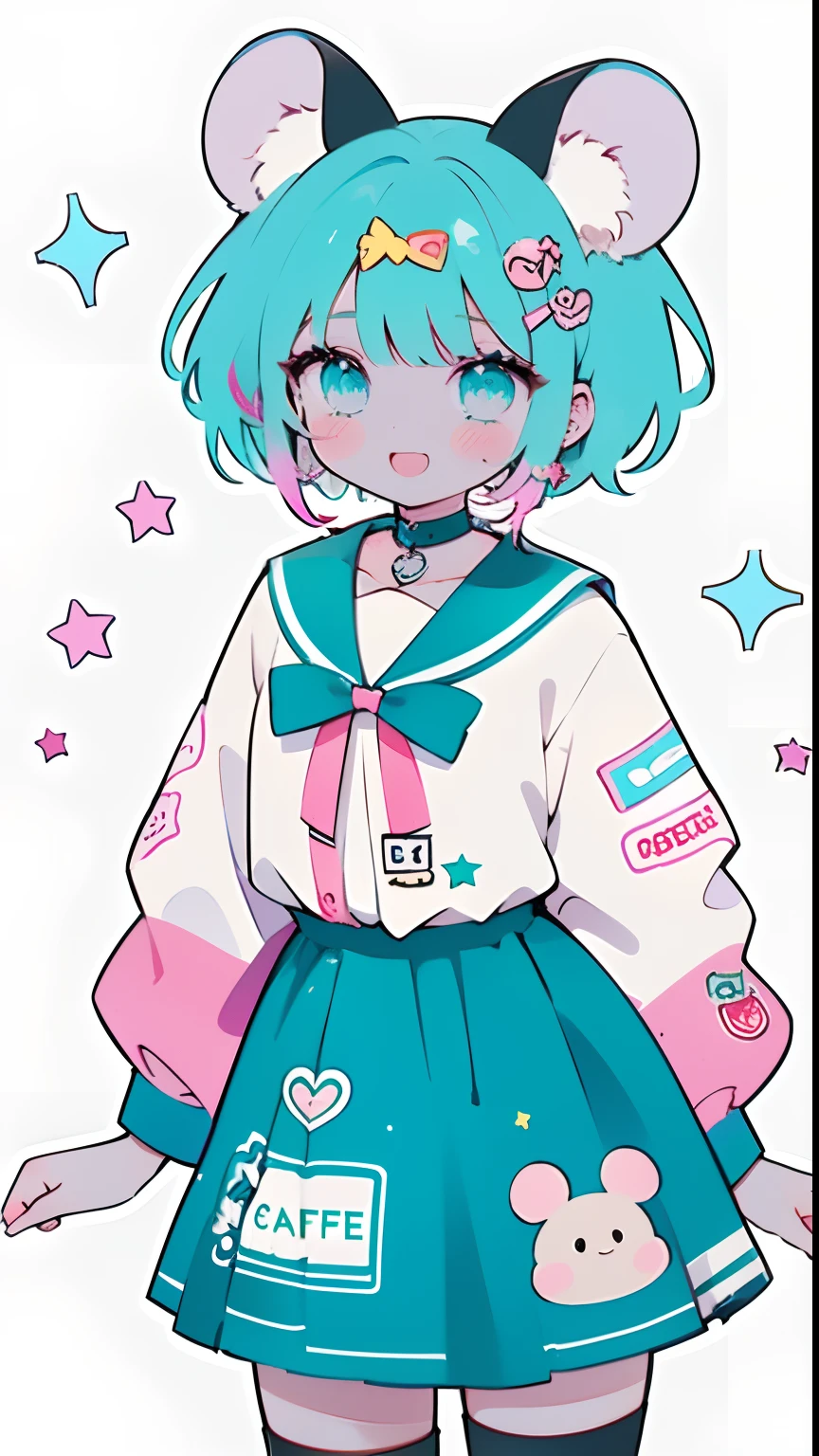 1girl, decora, mouse ears, maid outfit, neon colors, rainbow hair with ribbons, detailed 8k background of a playground with rainbow colors and crayola, smiling, teeth showing, cute background, place, yellow waistband, red star buttons, cute pink buttoned cuffs, choker with star motif, background is beautiful playground cafe, colorful, playful, cute, blue shirt, blue sleeves, striped pink stockings, short curly hair, afro, black skin, cute eyes