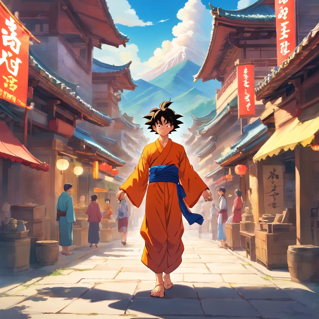 Journey to the West scene, There are 5 characters in total:Tang、son goku、 Sand monks、Pig Bajie、Hakuba,Ancient Chinese megacity environment,4 people and 1 horse shopping together,extreme hight detail,Chinese books《Journey》