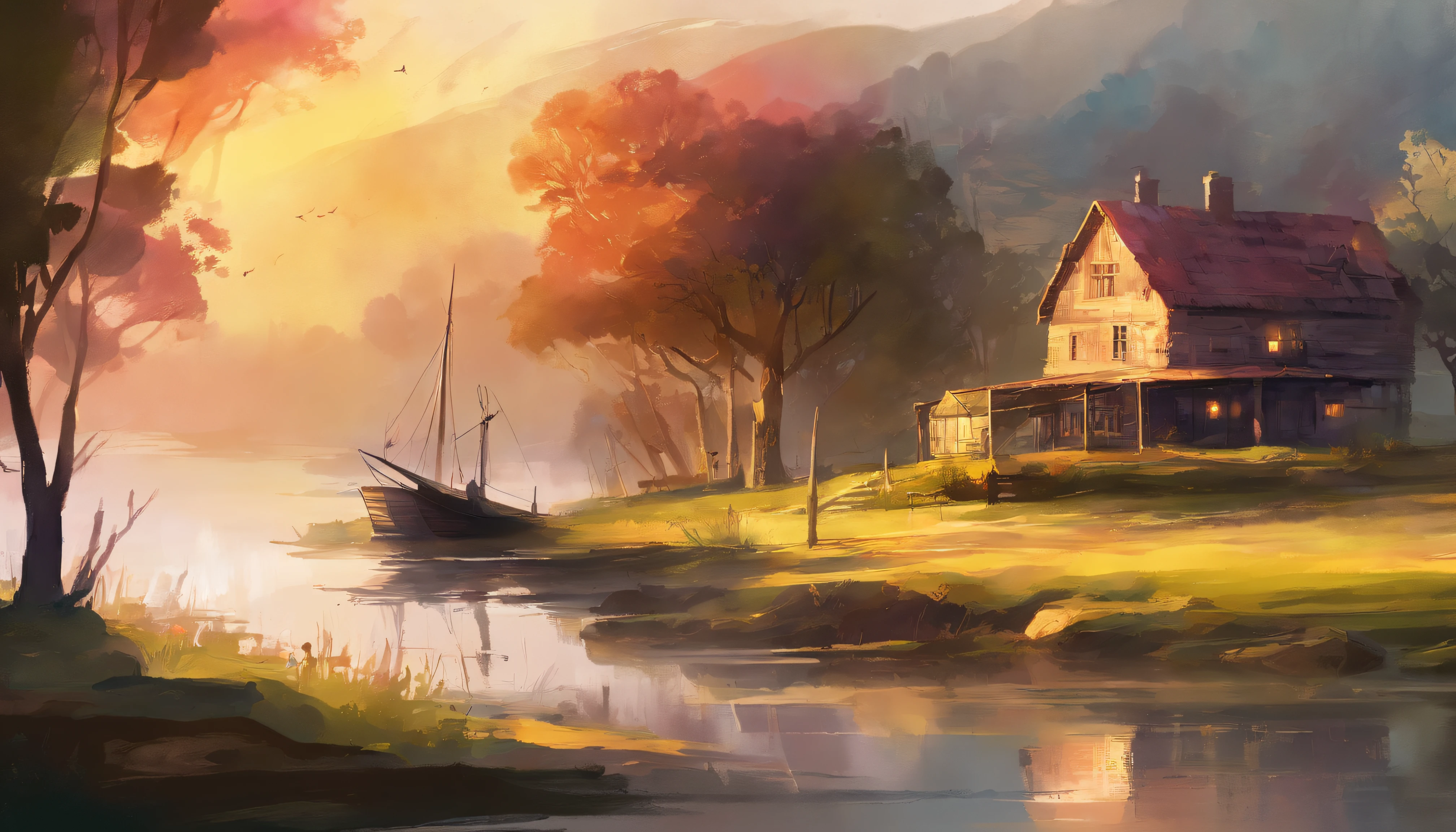A farm house under the big tree beside the stream, Sunset, two boats in water,, dramatic soft light, watercolor painting, classic style, rich colors, brushstrokes, harmony color textures, expressive portraits, dynamic composition, capturing light and shadow, artistry, timeless beauty.