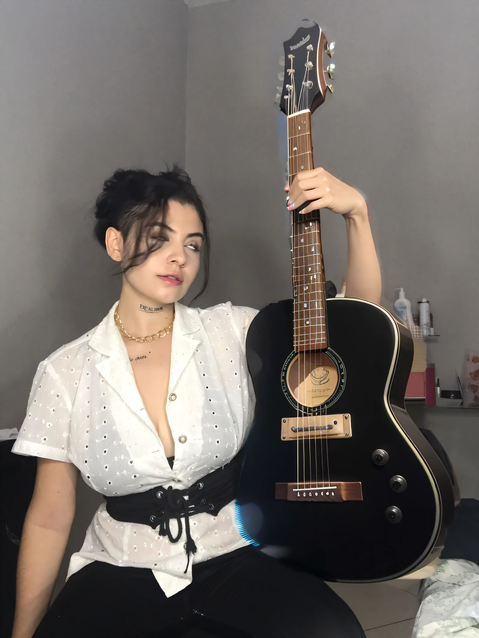 mulher tocando guitarra estilosa preta ultra realista full hd