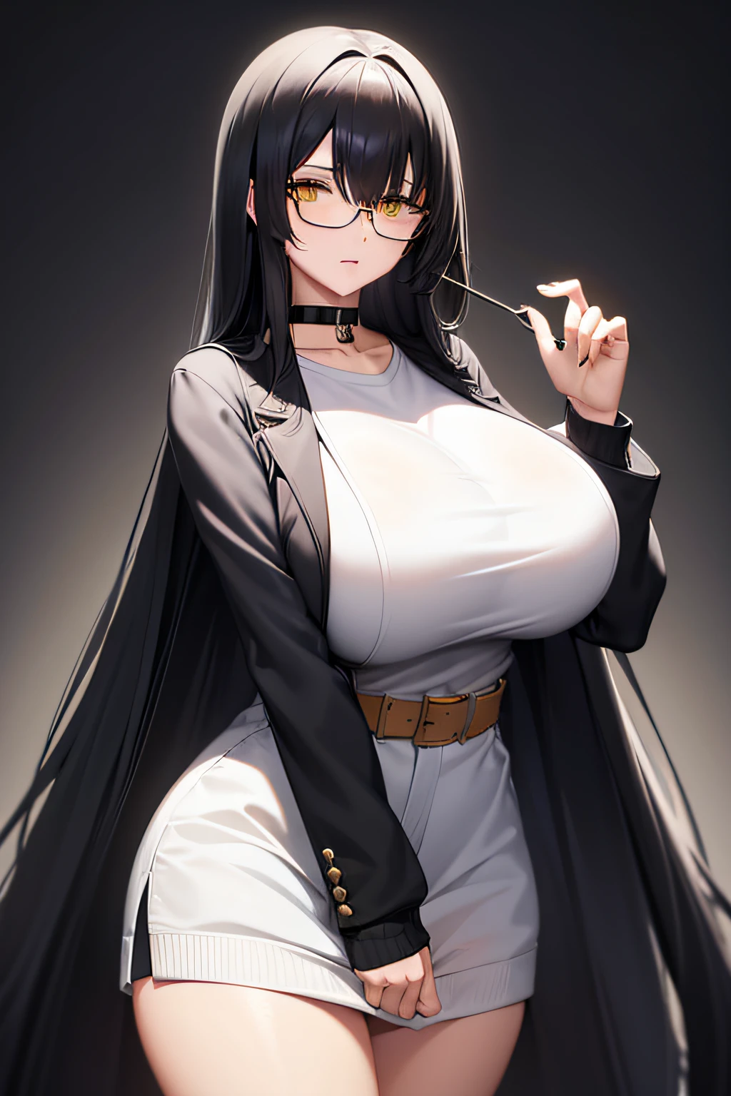 Women with long black hair，bangs cover one eye，Yellow eyes，huge tit，Issuing，a black choker，Black glasses，k hd，White casual clothes，Home background，Knitted coat