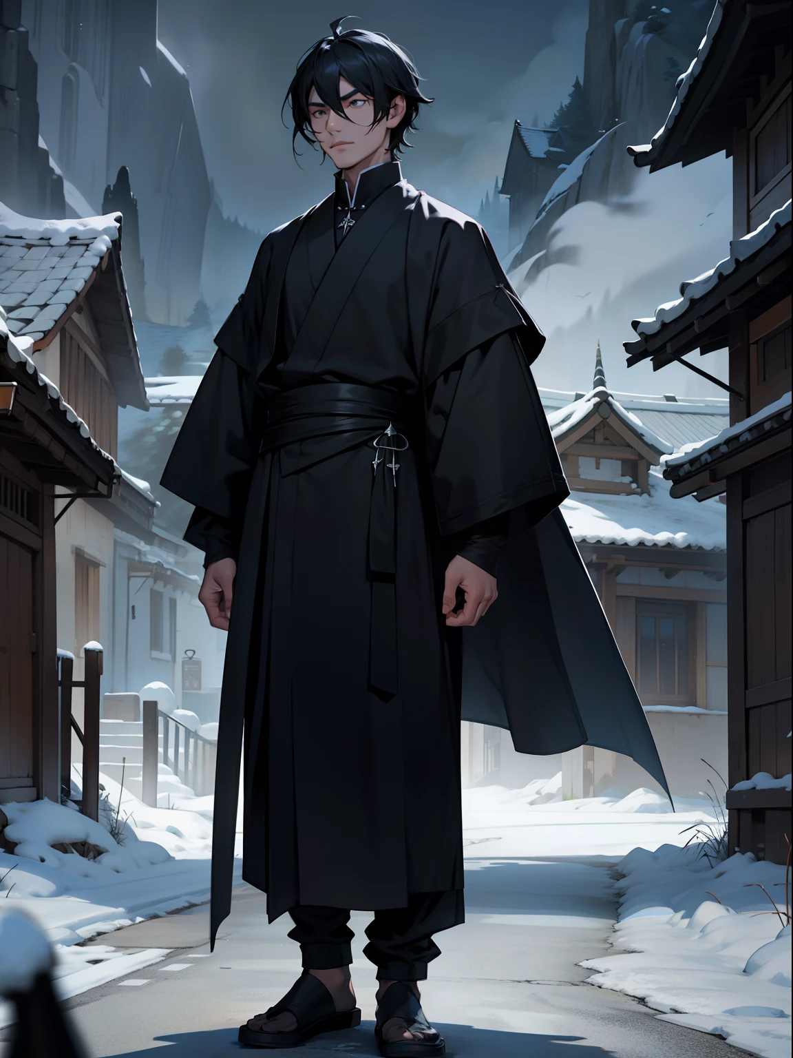 nigth,Blackn clothes,Douluo Continent costume,Black color hair,In the village,uncanny,
