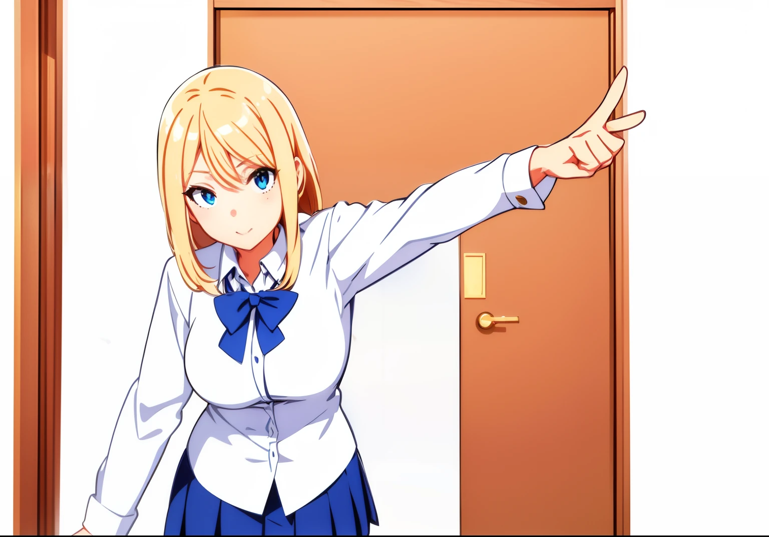 masterpiece, best quality, highres, 1girl, full body,cute girl wearing school uniform, blonde hair, Animated image of a woman in uniform pointing at the door,
