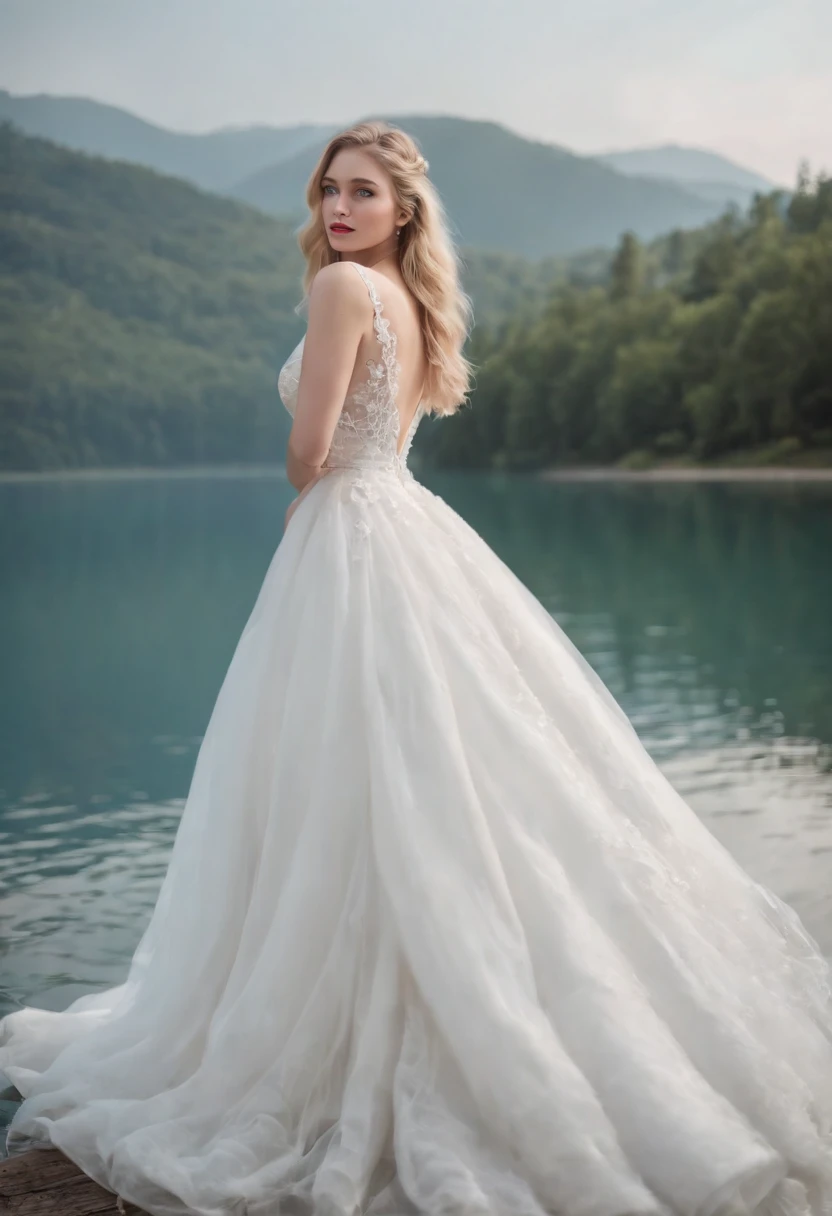 1 beautiful girl, (Realistic:1.3) (full bodyesbian:1.3), standing photo, Stand in front of the blue lake, White wedding dress, Soft dress, blond hairbl, Blue eyes, Wavy hair, Masterpiece, diffused soft lighting, Portrait, Best quality (Perfect face:1.4), Ultra-realistic Highly detailed, Complex and realistic simulation style photos, Cinematic lighting, studio shoot, Elegant Pose