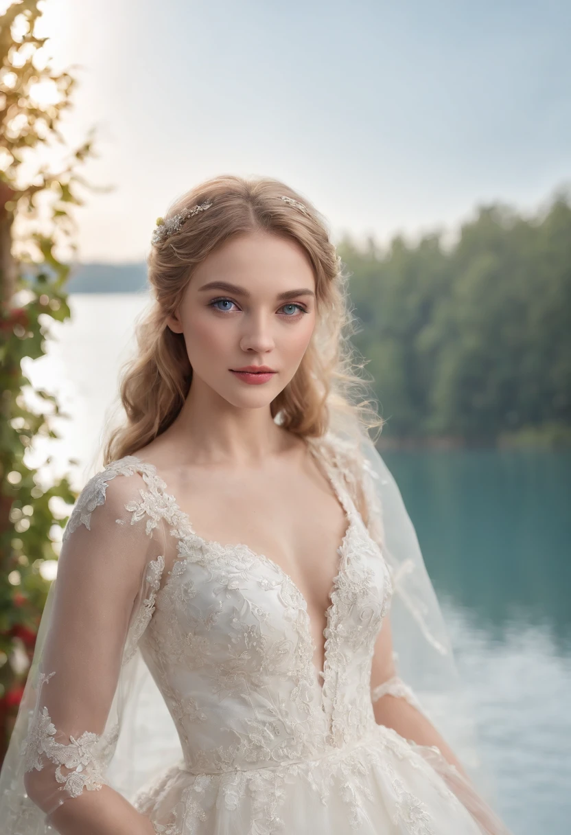 1 beautiful girl, (Realistic:1.3) (full bodyesbian:1.3), standing photo, Stand in front of the blue lake, White wedding dress, Soft dress, blond hairbl, Blue eyes, Wavy hair, Masterpiece, diffused soft lighting, Portrait, Best quality (Perfect face:1.4), Ultra-realistic Highly detailed, Complex and realistic simulation style photos, Cinematic lighting, studio shoot, Elegant Pose
