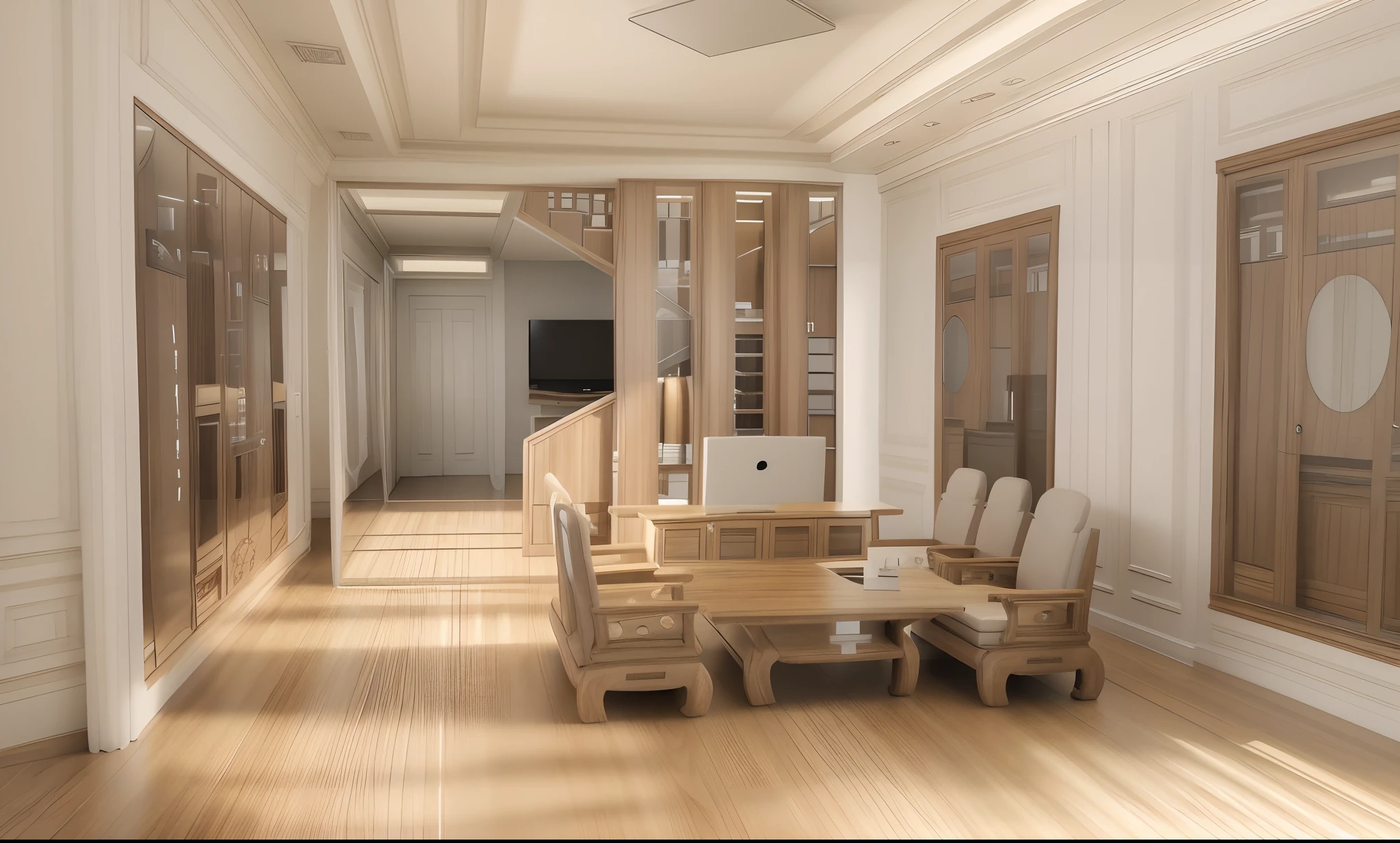 there is a drawing of a room with a desk and chairs, interior living room, 3 d rendering, 3d rendering, interior of a living room, house interior, render vray, with 3 d render, with 3d render, an interior of room, interior room, high detail 3 d render, render in vray, interior of room, render 3 d