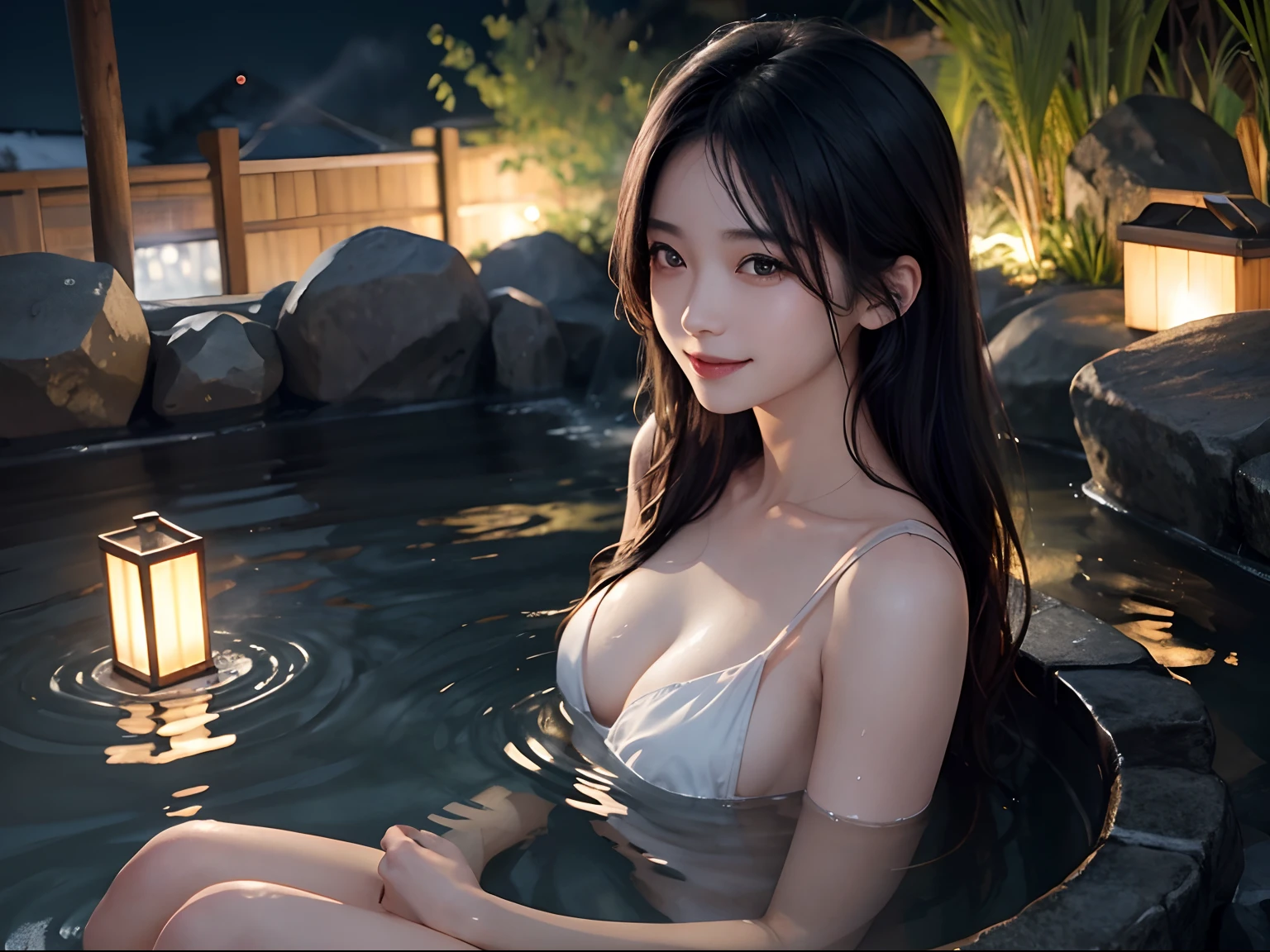 Pretty girl、Naked in an open-air bath、the chest is covered with a thin cloth、Black hair Long hair、Black eyes、a smile、hot onsen, water vapour, Night (Illustration: 1.0), epic composition, Realistic lighting, HD details, masutepiece, Best Quality, (extremely detailed CG unified 8k wallpaper)