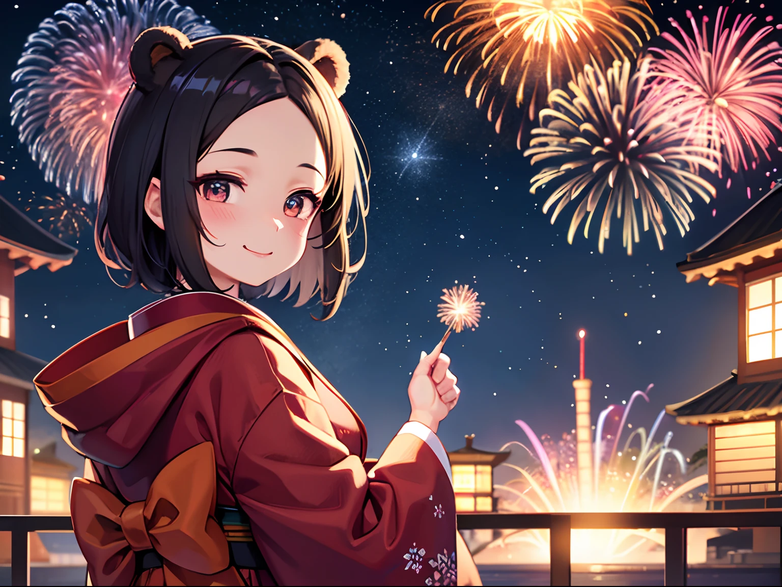 Fireworks set off in the background、nigh sky、Bob Brown Hair、Kimono、、Smiling Kawaii Girl、Round ears of a bear、Forehead lobe