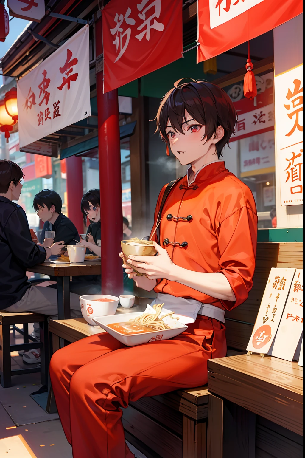 Chinatown　Sit down and eat at a stall　Chinese service　twinks　male people　{{ember}} 　I'm eating ramen　I'm wearing pants