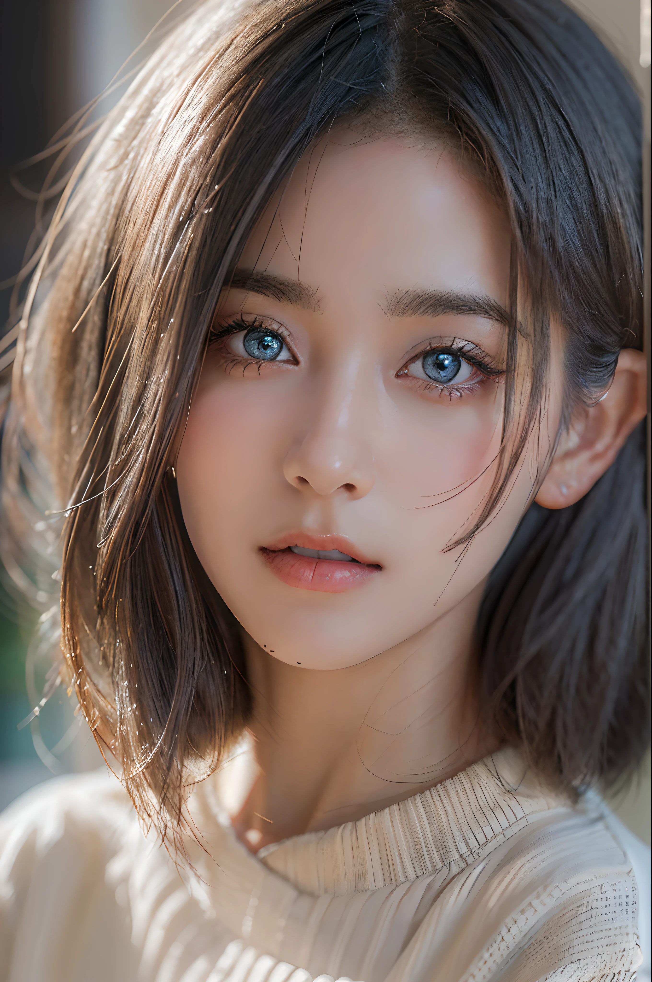 (masterpiece:1.3), (8k, photorealistic, RAW photo, best quality: 1.4), (1girl), beautiful face, (realistic face), (black hair, short hair:1.3), beautiful hairstyle, realistic eyes, beautiful detailed eyes, (realistic skin), beautiful skin, (sweater), absurdres, attractive, ultra high res, ultra realistic, highly detailed, golden ratio