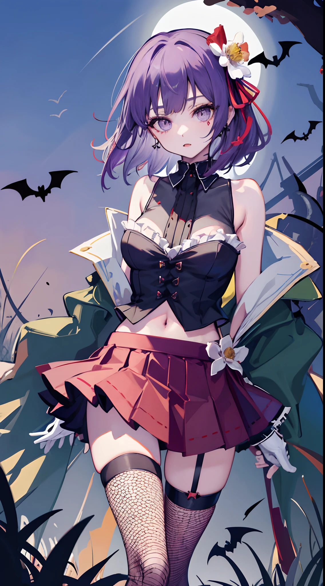 hieda no akyuu, 1girl, solo,  gothic,miniskirt, fishnet legwear, arm strap, bare shoulders, black_gloves,earrings, standing,navel,night,black_skirt,night,castle, bat,halloween, h