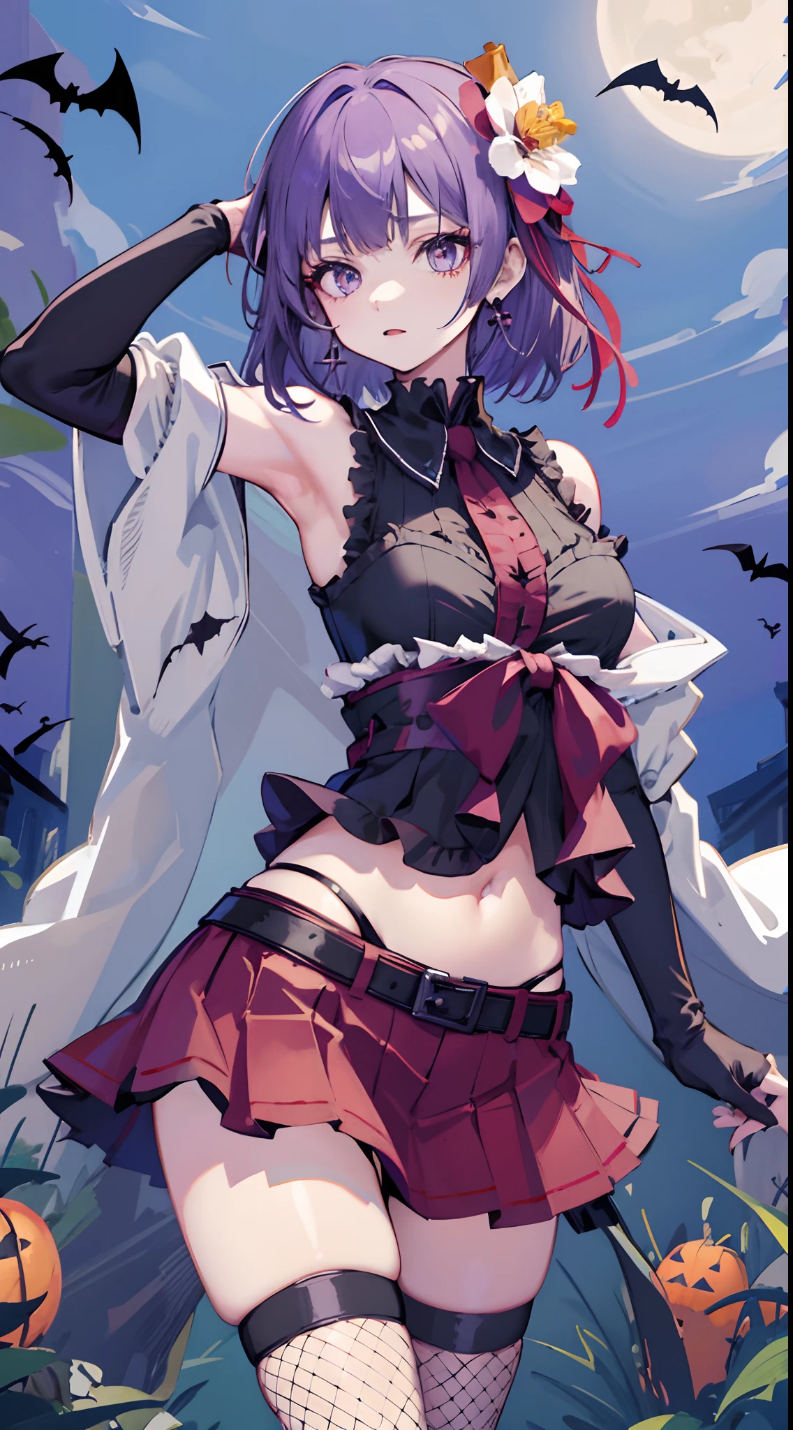 hieda no akyuu, 1girl, solo, gothic,miniskirt, fishnet legwear, arm strap, bare shoulders, black_gloves,earrings, standing,navel,night,black_skirt,night,castle, bat,halloween, h