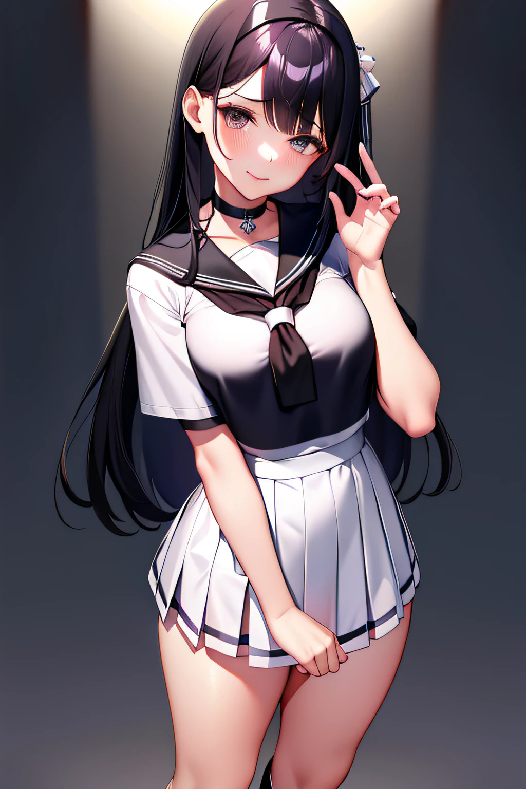 (high quality, 8k, 4K, high contrast, artwork:1.2, high quality, best aesthetics), (dynamic angle), ((1 woman)), erotic, sensual, mature body, super detailed, beautiful face detailed, beautiful eyes detailed, detailed beautiful mouth, sexy body, perfect breats, perfect wide thighs, (caucasian skin), (long black hair), (black eyes), (gothic makeup), (black lipstick), (black eyeshadow), (black eyeliner), (sexy facial expression), (wearing a white dress shirt with black tie and a short black cheerleader skirt), (standing), (centered), (looking at viewer)
