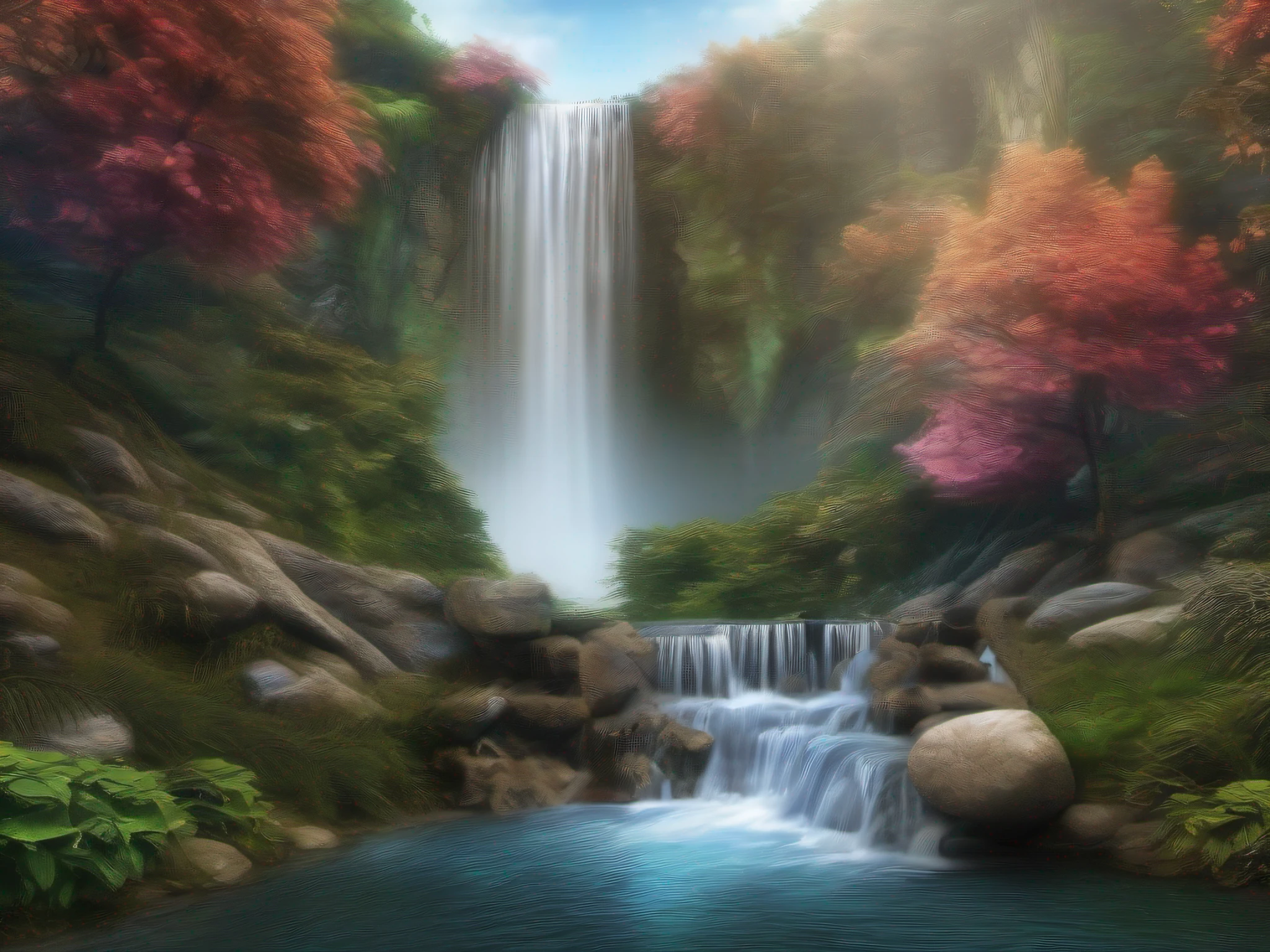 DISCOMBULATE STYLE IMAGE OF A BEAUTIFUL WATER FALL.. High-resolution details, fine texture, Highly photorealistic, Ultra HD 12k, --v 5.2, -- s 50,