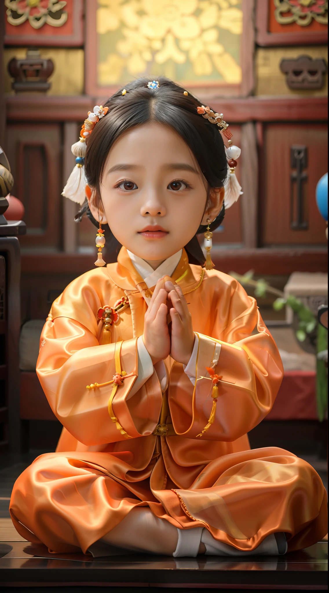 There was a little girl sitting on the wooden floor，had his hands folded, Chinese girl, Young Asian girl, Palace ， A girl in Hanfu, Asian girl, young goddess, Buddhist, Chinese traditional, prayer meditation, peaceful expression, lovely digital painting, orange robe, blessing hand, Children, Traditional Chinese clothing, kiddy big breasts, Serene expression, DOA, Korean girl