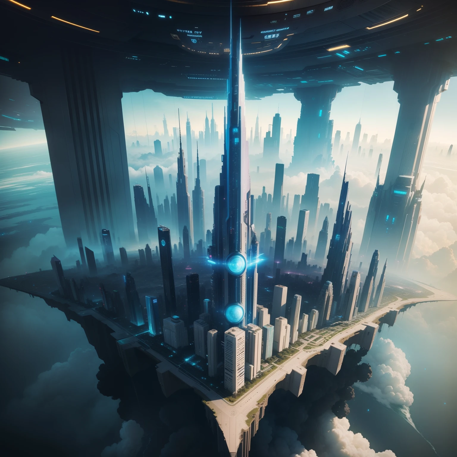 cyberpunked、Futuristic cities、planet earth、Skyscrapers tall through the clouds cyberpunked.SFart by、Utopian City、There is a super huge waterfall、Megacities、dream、top-quality masterpiece、Beautiful cities of the future