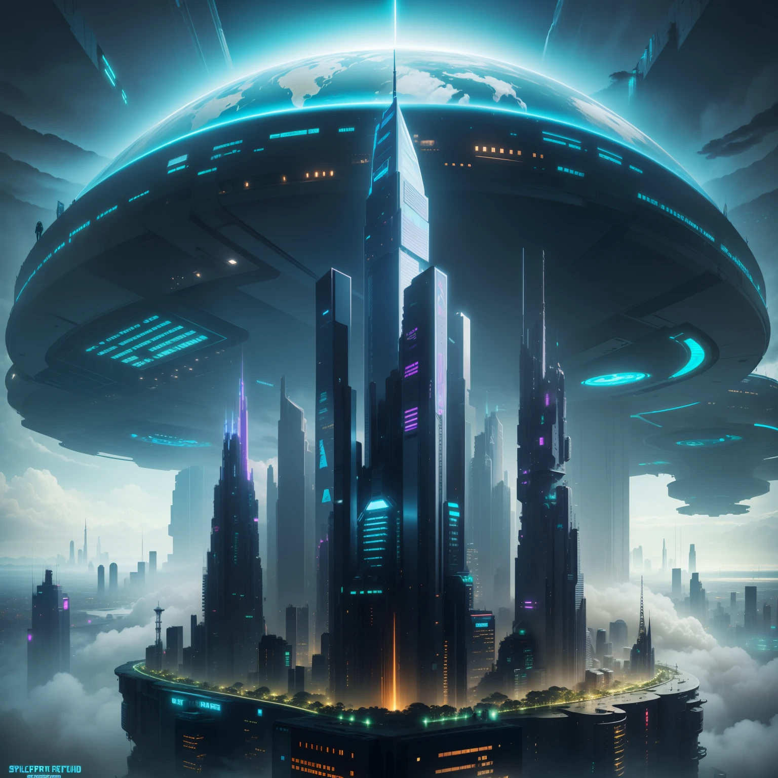 cyberpunked、Futuristic cities、planet earth、Skyscrapers tall through the clouds　cyberpunked.ＳＦart by、Utopian City、There is a super huge waterfall、Megacities、dream、top-quality　​masterpiece、Beautiful cities of the future