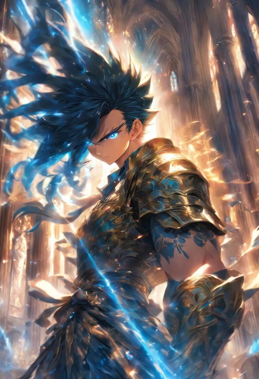 foreshortening, depth of field, masterpiece, best quality, 1boy, black hair, blue eyes, long hair tied up, cathedral, religious, solo, looking at viewer, black armor, divine, dappled sunlight,
