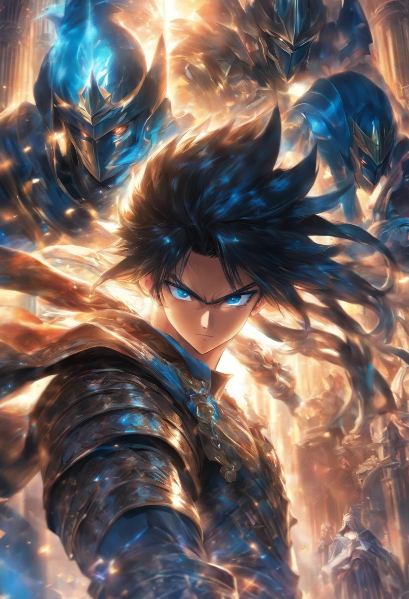 foreshortening, depth of field, masterpiece, best quality, 1boy, black hair, blue eyes, long hair tied up, cathedral, religious, solo, looking at viewer, black armor, divine, dappled sunlight,