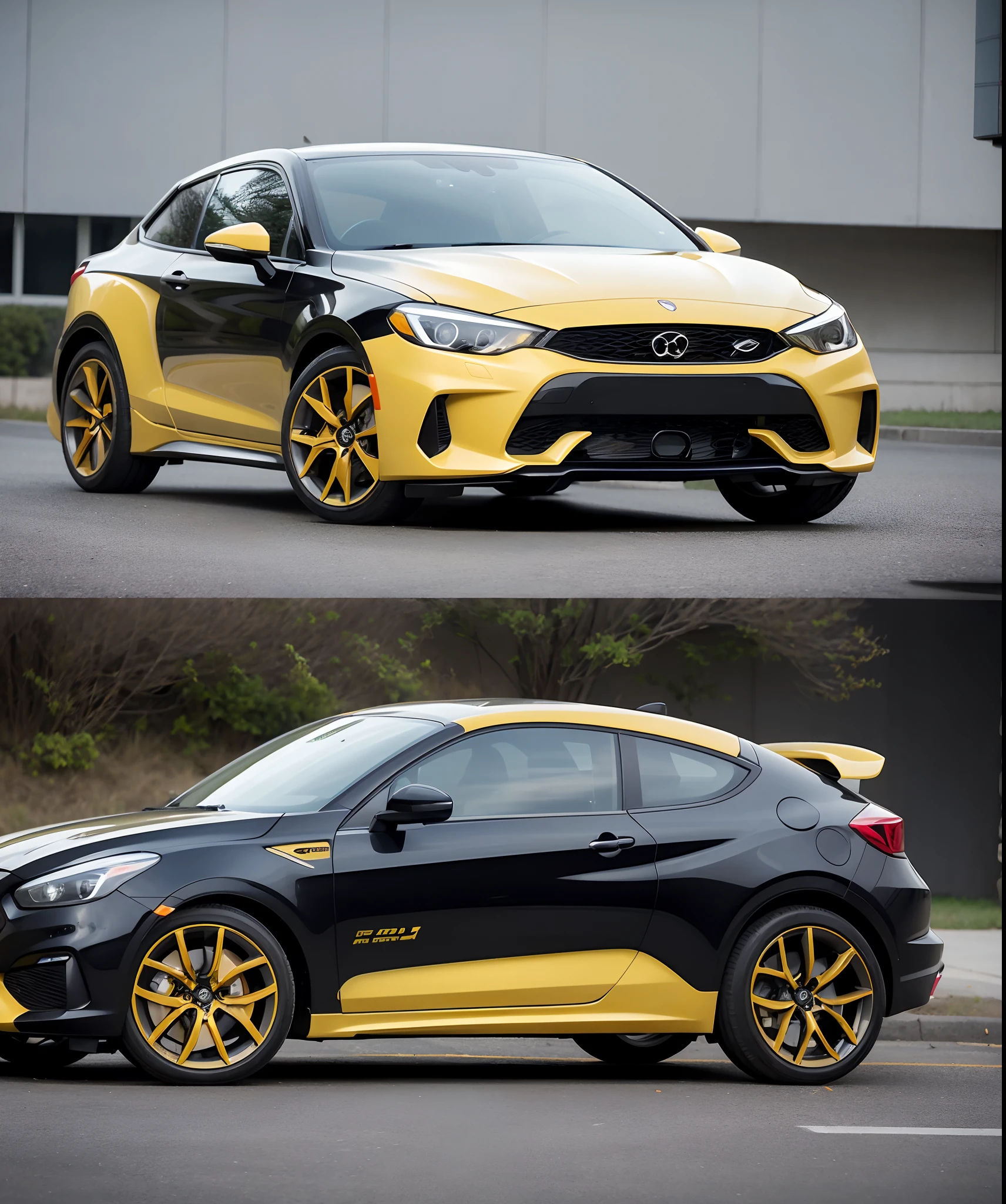 there is a small black and yellow car parked on the side of the road, 3/4 front view, full front view, front top side view, front-view, front profile, front side, front profile shot, front face, front view 2 0 0 0, front view, front profile!!!!, side front view, front side view, cool looking