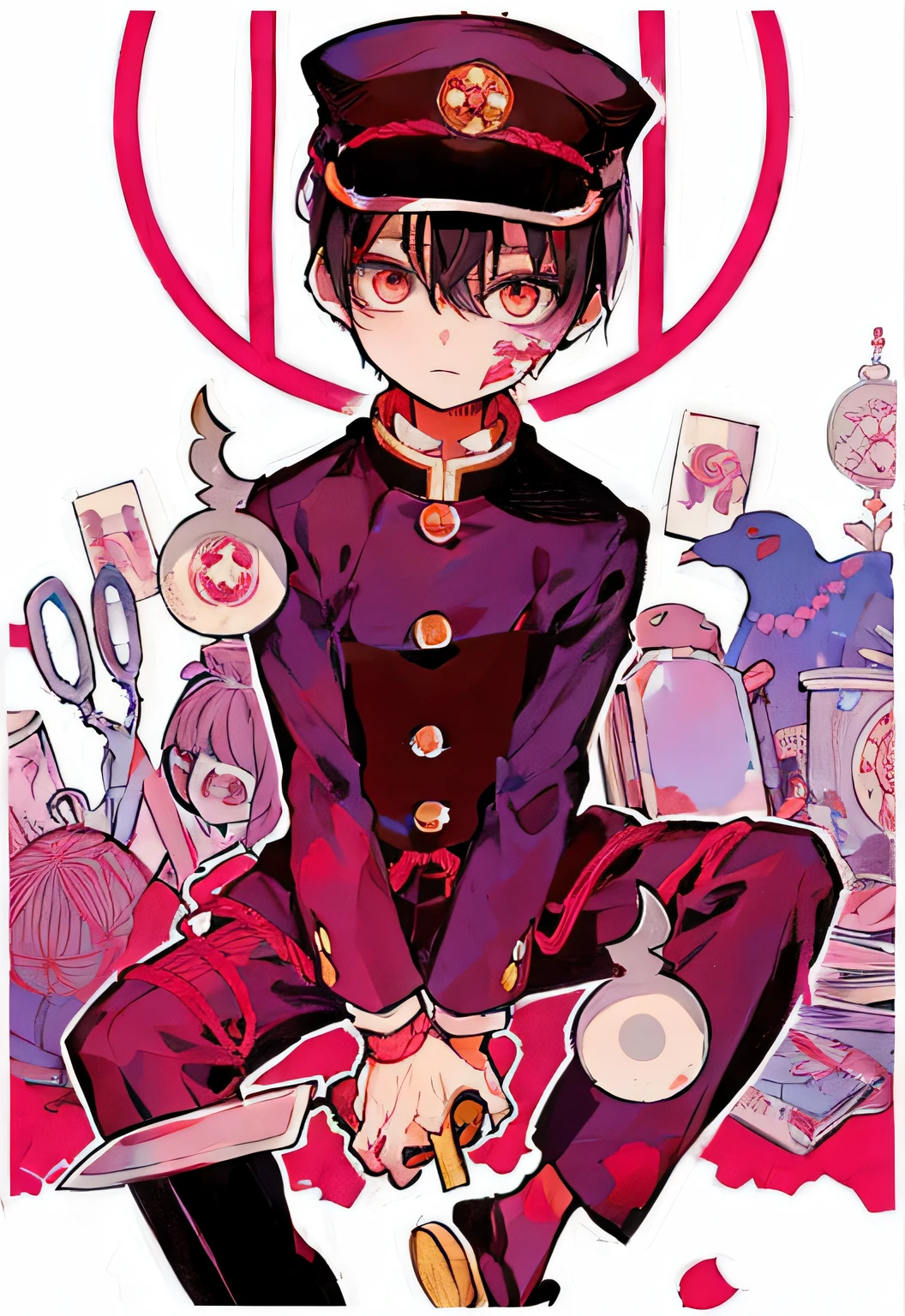 a close up of a person in a uniform with a knife, inspired by Munakata Shikō, full color manga cover, yume nikki, manga cover style, inspired by Uragami Gyokudō, colored manga art, manga cover art, clamp style, handsome japanese demon boy, shigenori soejima illustration, full color manga visual style