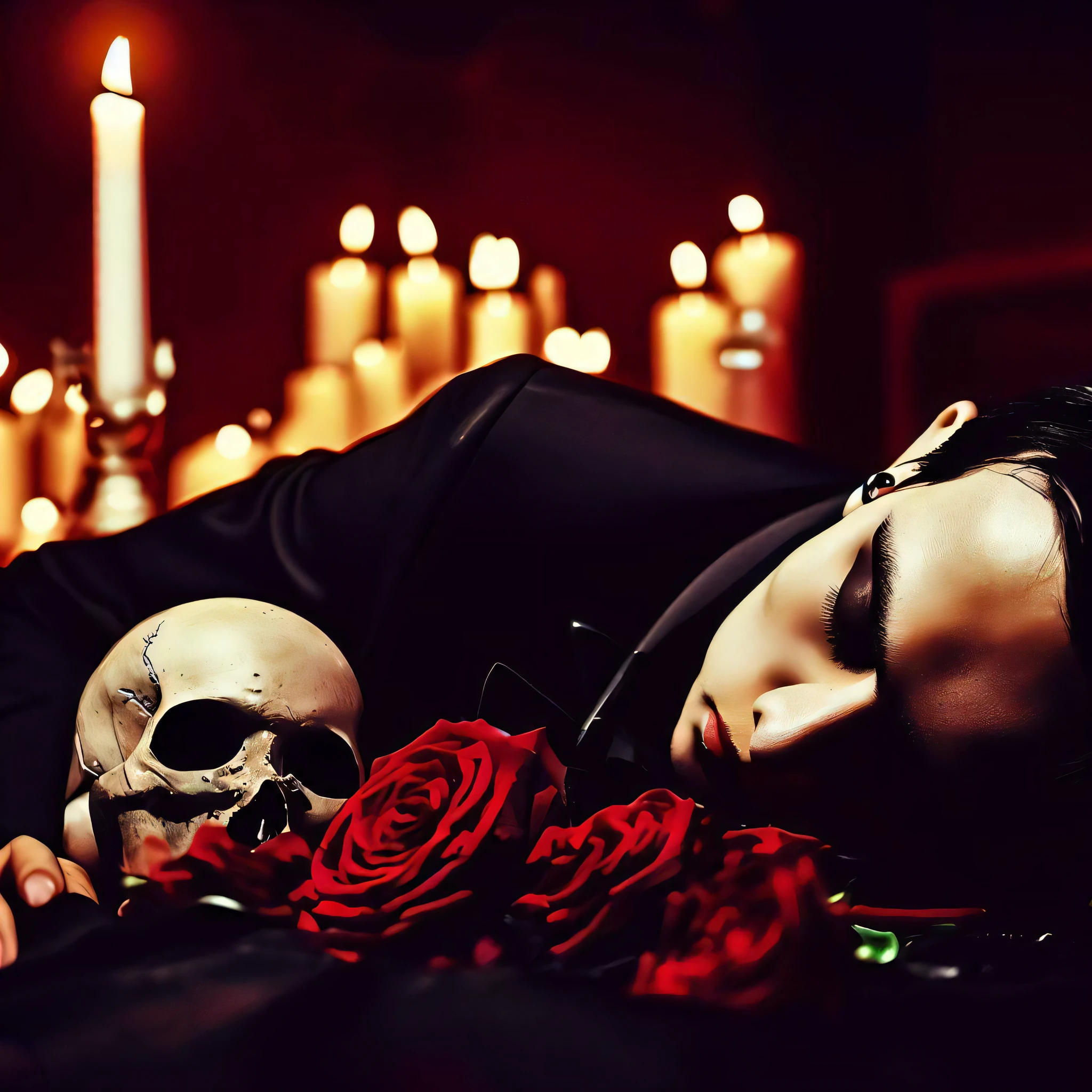 realistic photo of a young gothic man lying on his side, face toward camera, lying on a bed of roses with eyes closed, wearing a black tuxedo, (( a human skull set next to him )), + ( highly detailed face and hands ), dark room with candlelight in background, RAW photo, 16K, Colorful dark vectors