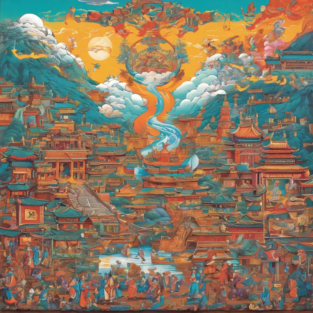 Journey to the West scene, There are 5 characters in total:Tang、son goku、 Sand monks、Pig Bajie、Hakuba,Ancient Chinese megacity environment,4 people and 1 horse shopping together,extreme hight detail,Chinese books《Journey》