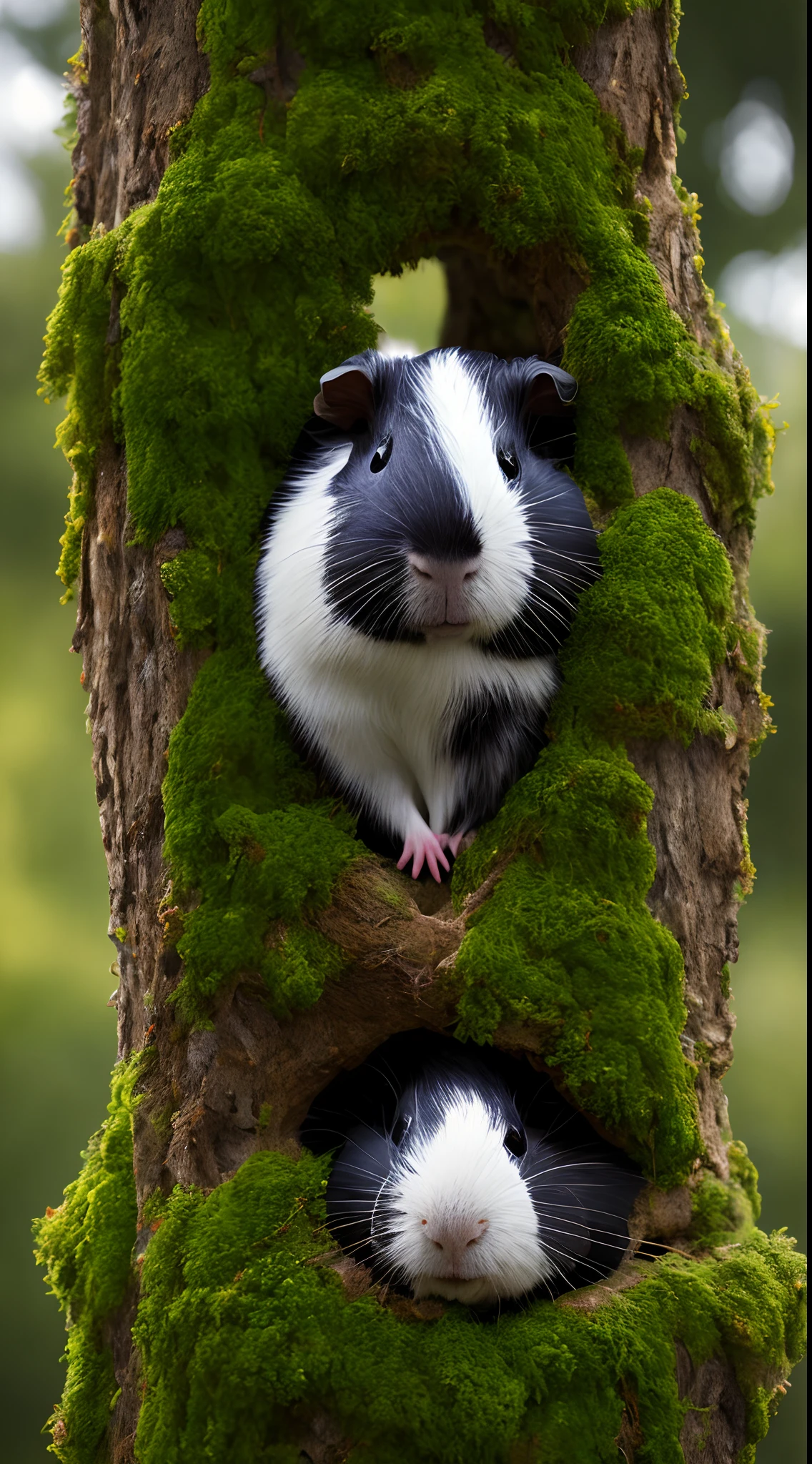 A guinea pig stands by the root of a tree，big trees，ln the forest，adolable，fluffly，realisticlying，Soft light，Mossy，Face the lens，reality,offcial art,8K quality,Super detail,fine detail skin，Big Mimi，Masterpiece，Best picture quality