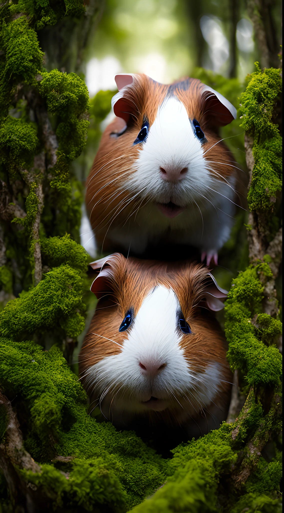 A guinea pig stands by the root of a tree,big trees,ln the forest,adolable,fluffly,realisticlying,Soft light,Mossy,Face the lens,reality,offcial art,8K quality,Super detail,fine detail skin,Big Mimi,Masterpiece,Best picture quality