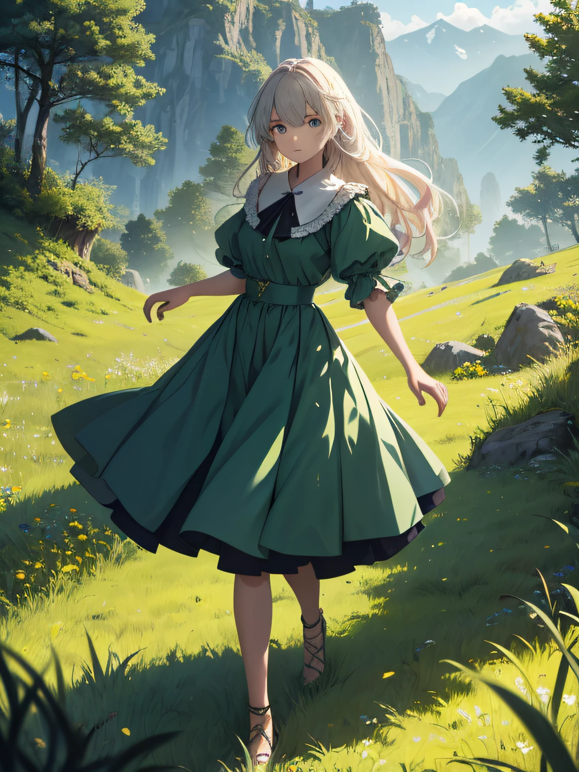 In a green meadow stands a girl leading a group of knights.
BREAK
With a brave expression, she guides them towards their destination.
BREAK
Behind her, a green forest stretches out and beyond that, mountains rise in the distance.
BREAK
The most suitable effect for this scene would be a watercolor painting technique to capture the softness of the meadow and the fluidity of the movement.