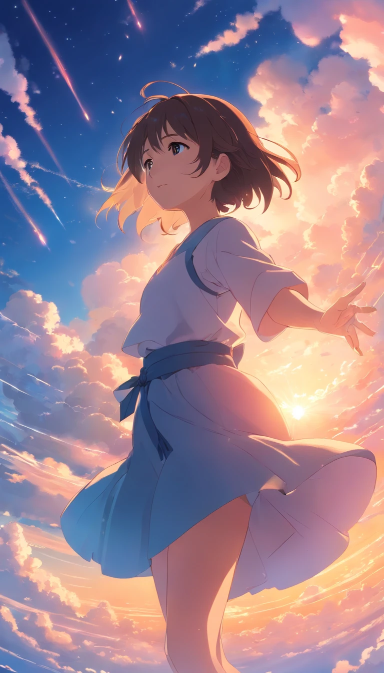 masterpiece, best quality, movie still, 1girl, cloud girl, floating in the sky, close-up, bright, happy, warm soft lighting, sunset, (sparks:0.7)