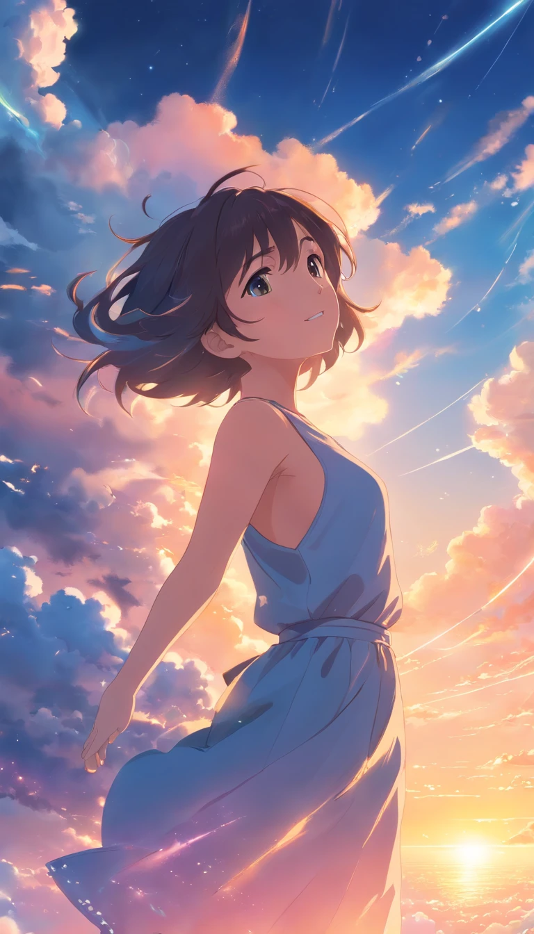 masterpiece, best quality, movie still, 1girl, cloud girl, floating in the sky, close-up, bright, happy, warm soft lighting, sunset, (sparks:0.7)