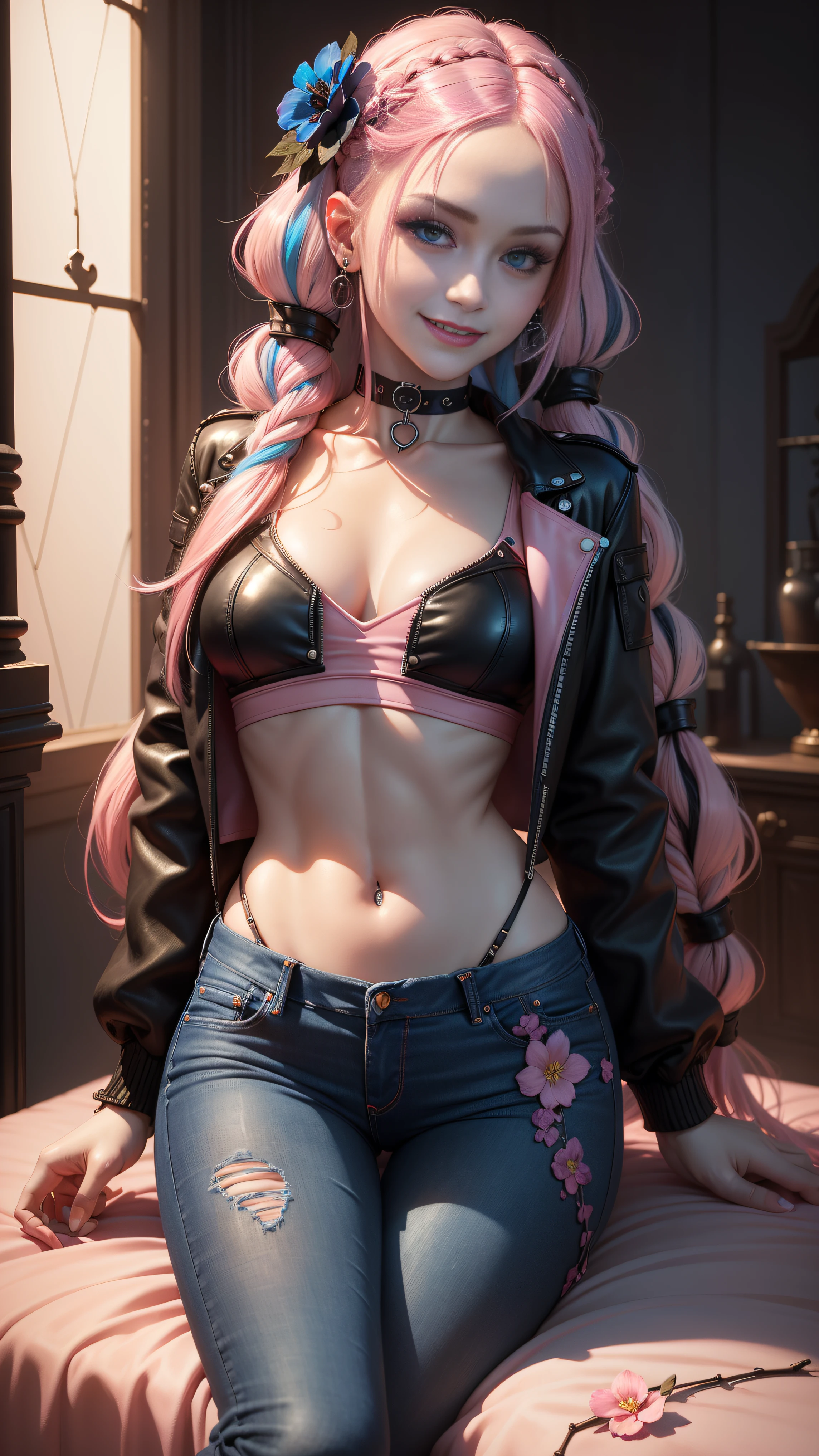 BLACKLIGHT, ((NSFW)), realistic art, extremely delicate and beautiful, ultra-detailed, (1girl), blue eyes, floating, detailed light, illustration, dynamic angle, depth of field, ((((milf)))), girly, long hair, ((Neapolitan hair, multicoloured hair, pink hair, twin tails, hair ornament, hair flower, flower, makeup, braid, smile)), red vampire eyes, showing fangs, pale white skin, (((blue jeans, Black leather jacket, pink crop top, goth boots, long hair, navel, choker, smile, jewelry, earrings))), (ultra high res, best quality,), (8k, raw photo, best quality, masterpiece), technological sense, best quality, masterpiece, illustration,CG ,unity ,wallpaper, official art, Amazing, finely detail, an extremely delicate and beautiful,extremely detailed, highly detailed, sharp focus,rich background, (real person,photograph), ((high detailed skin)),