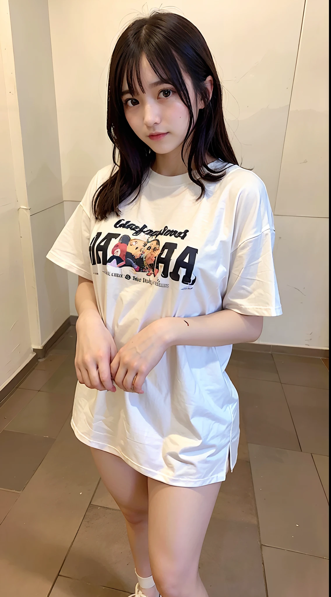 (Oversized_Shirt:1.2)、Oversized_Shirt、
Good Hand、4K、hight resolution、​masterpiece、top-quality、((Hasselblad photo))、foco nítido、(cinematlic lighting)、beautiful  lighting、dynamic ungle、[:(Detail Face:1.2):0.2]、Women of short stature、sixteen years old、Attractive paws、Emphasis on the thighs、thick thighs、Beautiful legs