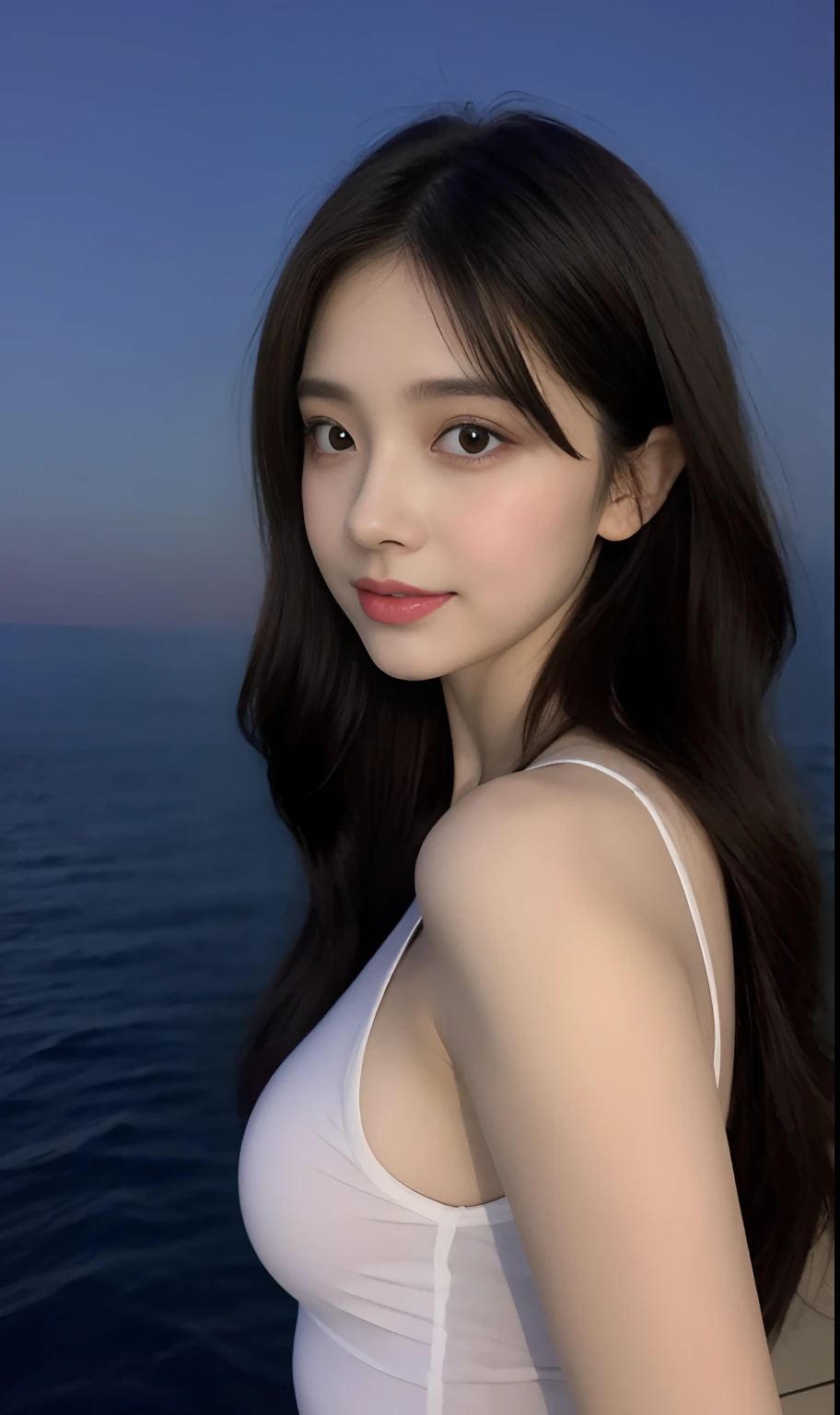 (Original photo of 8K,best qualtiy,tmasterpiece:1.2),(Medium view),the night,Night on a yacht,Sea and night view in the background,best qualtiy,tmasterpiece,(Small mouth:1.2),short- sleeved,short- sleeved,short- sleeved,short- sleeved,an extremely delicate and beautiful one,,astounding,finely detailled,tmasterpiece,Best quality at best,(age 22:1.2),Narrow waist,Slim,is shy,Pure,adolable,Bushy hair,Soft hair,big breasts beautiful,A detailed eye,(long whitr hair:1.2)