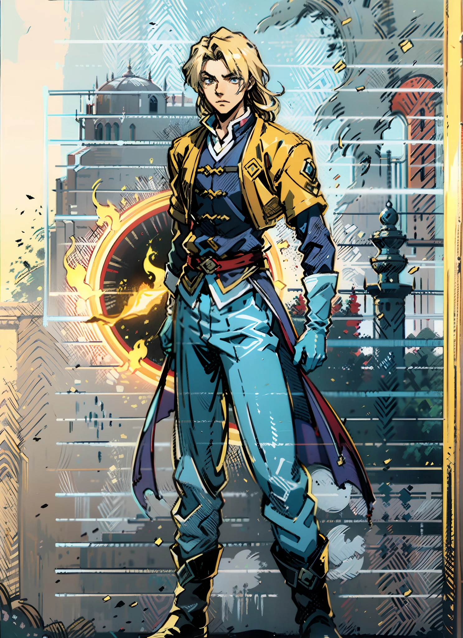 A young man with flowing black hair, a tuft of golden hair that partially covers one eye, a handsome and resolute face, a trace of loneliness in his firm gaze, a two-piece outfit that combines fantasy and martial arts elements, consisting of a tight-fitting shirt and a jacket, the outfit features twisted flame patterns, with white as the main color and red and blue as secondary colors, wears gloves that also serve as wrist guards, dark pants, boots embellished with metal decorations, this character embodies a finely crafted fantasy-style Chinese martial hero design in anime, characterized by a sophisticated and mature manga art style, high definition, best quality, highres, ultra-detailed, ultra-fine painting, extremely delicate, professional, anatomically correct, symmetrical face, extremely detailed eyes and face, high quality eyes, creativity, RAW photo, UHD, 8k, Natural light, cinematic lighting, masterpiece:1.5