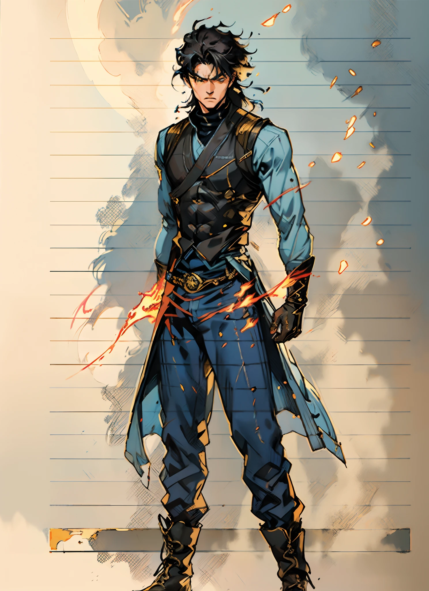 A young man with flowing black hair, a tuft of golden hair that partially covers one eye, a handsome and resolute face, a trace of loneliness in his firm gaze, a two-piece outfit that combines fantasy and martial arts elements, consisting of a tight-fitting shirt and a jacket, the outfit features twisted flame patterns, with white as the main color and red and blue as secondary colors, wears gloves that also serve as wrist guards, dark pants, boots embellished with metal decorations, this character embodies a finely crafted fantasy-style Chinese martial hero design in anime, characterized by a sophisticated and mature manga art style, high definition, best quality, highres, ultra-detailed, ultra-fine painting, extremely delicate, professional, anatomically correct, symmetrical face, extremely detailed eyes and face, high quality eyes, creativity, RAW photo, UHD, 8k, Natural light, cinematic lighting, masterpiece:1.5