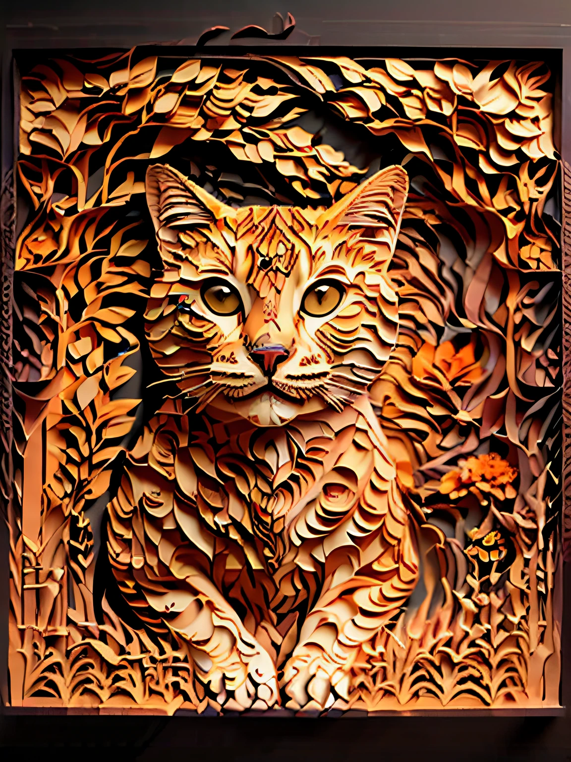 masterpiece, best quality,
RAW photo,cat, (high detailed skin:1.2), 8k uhd, dslr, soft lighting, high quality, film grain, Fujifilm XT3,
regal, fractal, 3d depth, intricate designs, delicate patterns, shadowbox frame, silhouette, kirigami, scherenschnitte,
jianzhi,