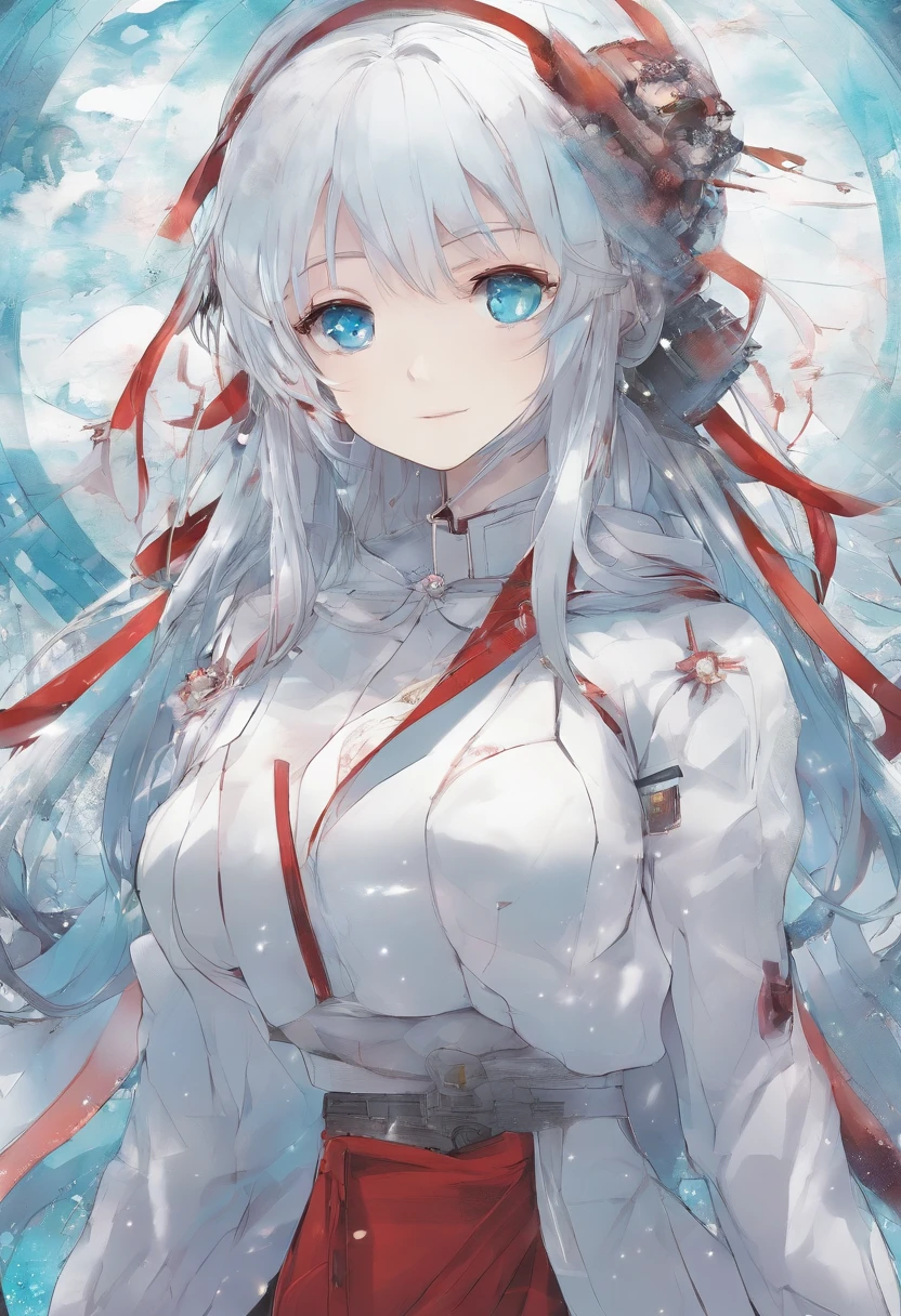 Masterpiece, Best quality,Beautiful detailed eyes,1 girl,Long white hair, Aqua blue theme hair, Innocent, Red eyes, starrysky, Post-apocalyptic themes, whole body picture,nun
