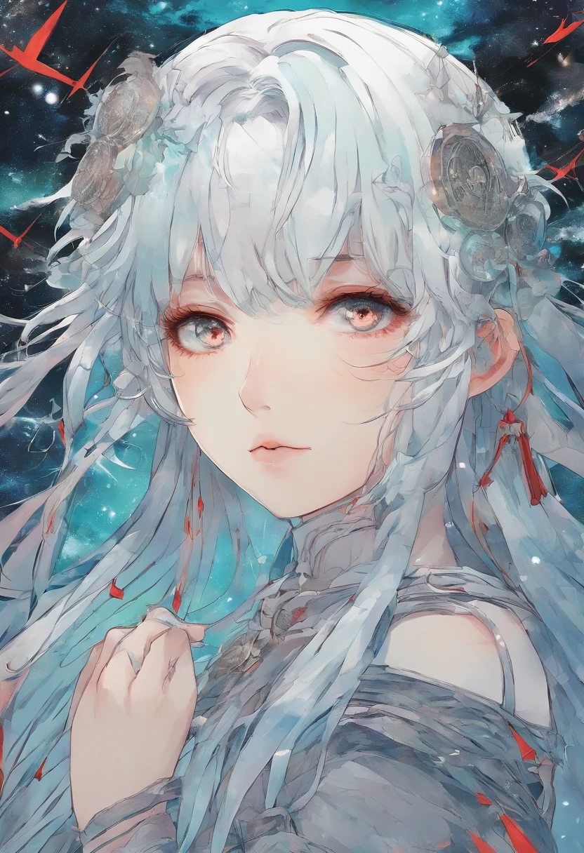 Masterpiece, Best quality,Beautiful detailed eyes,1 girl,Long white hair, Aqua blue theme hair, Innocent, Red eyes, starrysky, Post-apocalyptic themes, whole body picture,nun